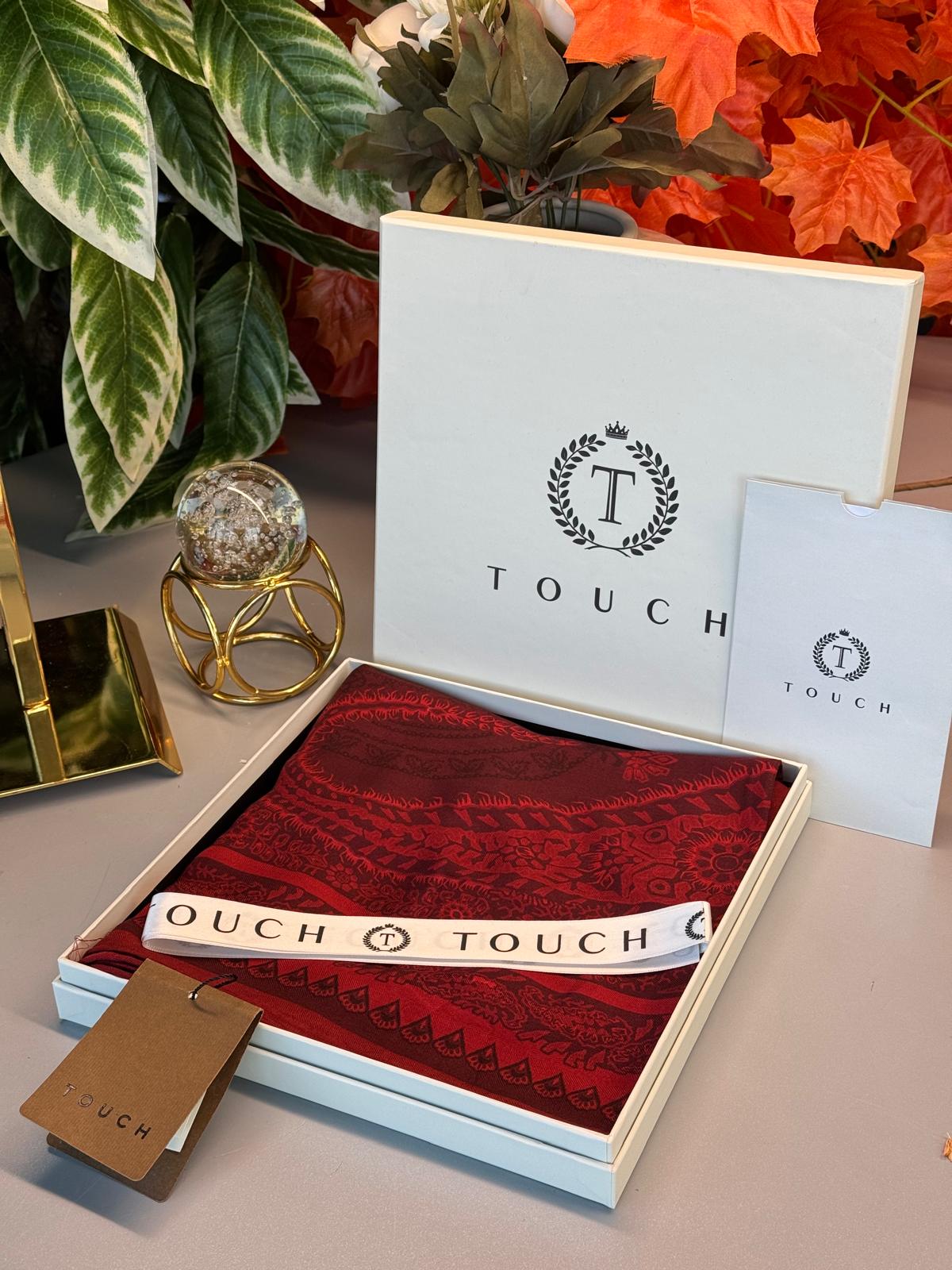 Touch İthal Etnik Desen Yün İpek Şal - Koyu Kırmızı