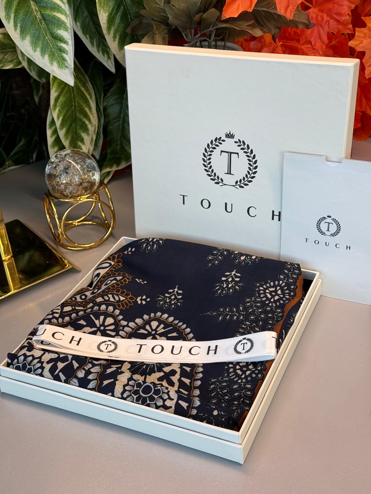 Touch İthal Etnik Desen Yün İpek Şal - Karamel-Lacivert