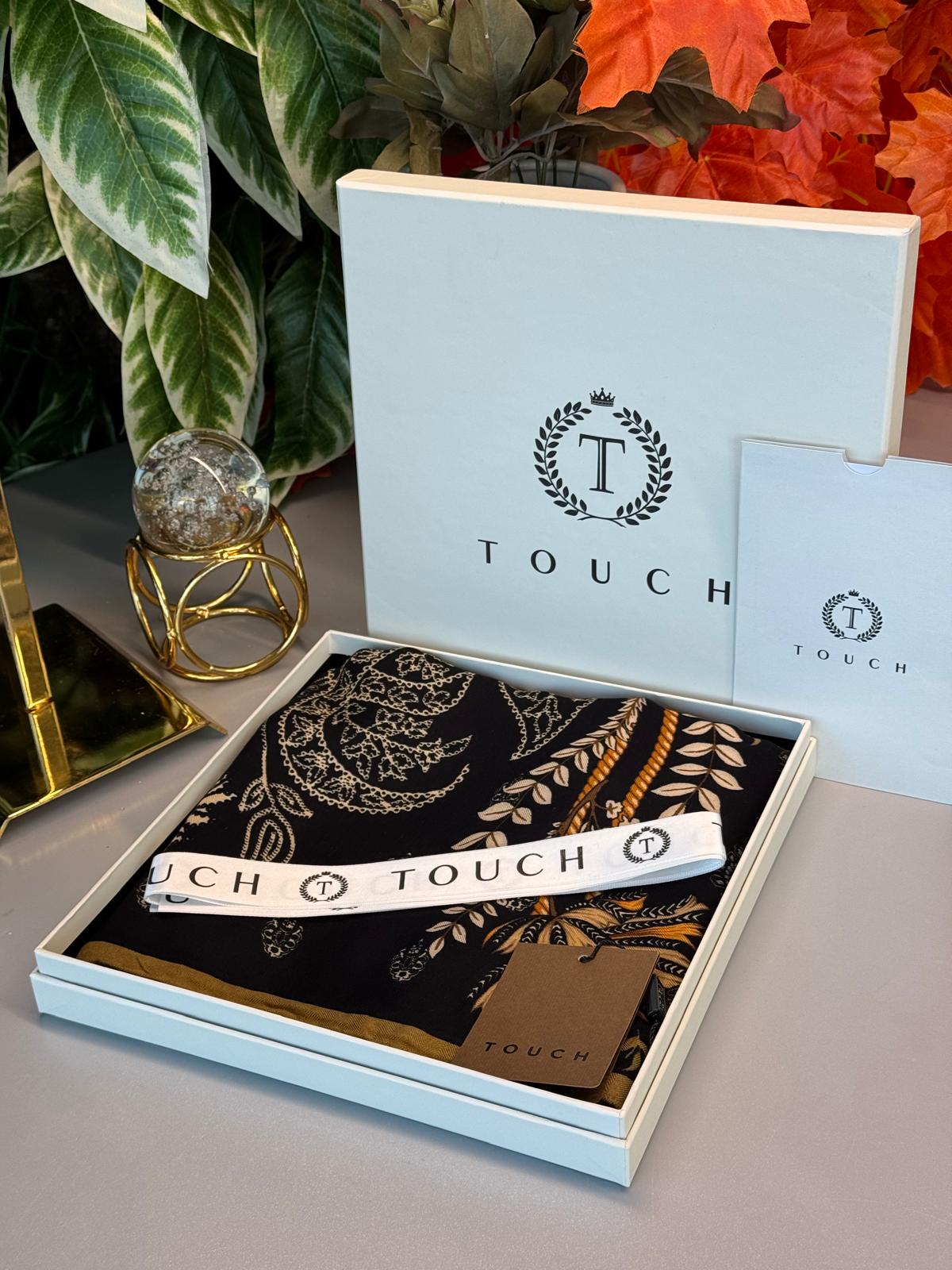 Touch İthal Etnik Desen Yün İpek Şal - Koyu Sarı-Siyah