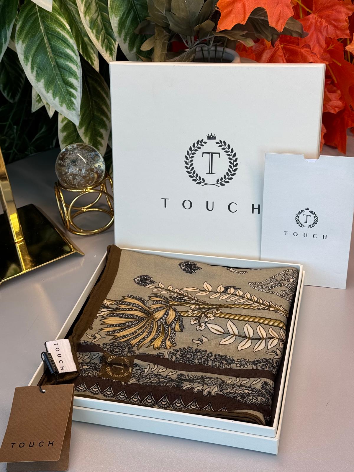 Touch İthal Etnik Desen Yün İpek Şal- Tarçın-Haki