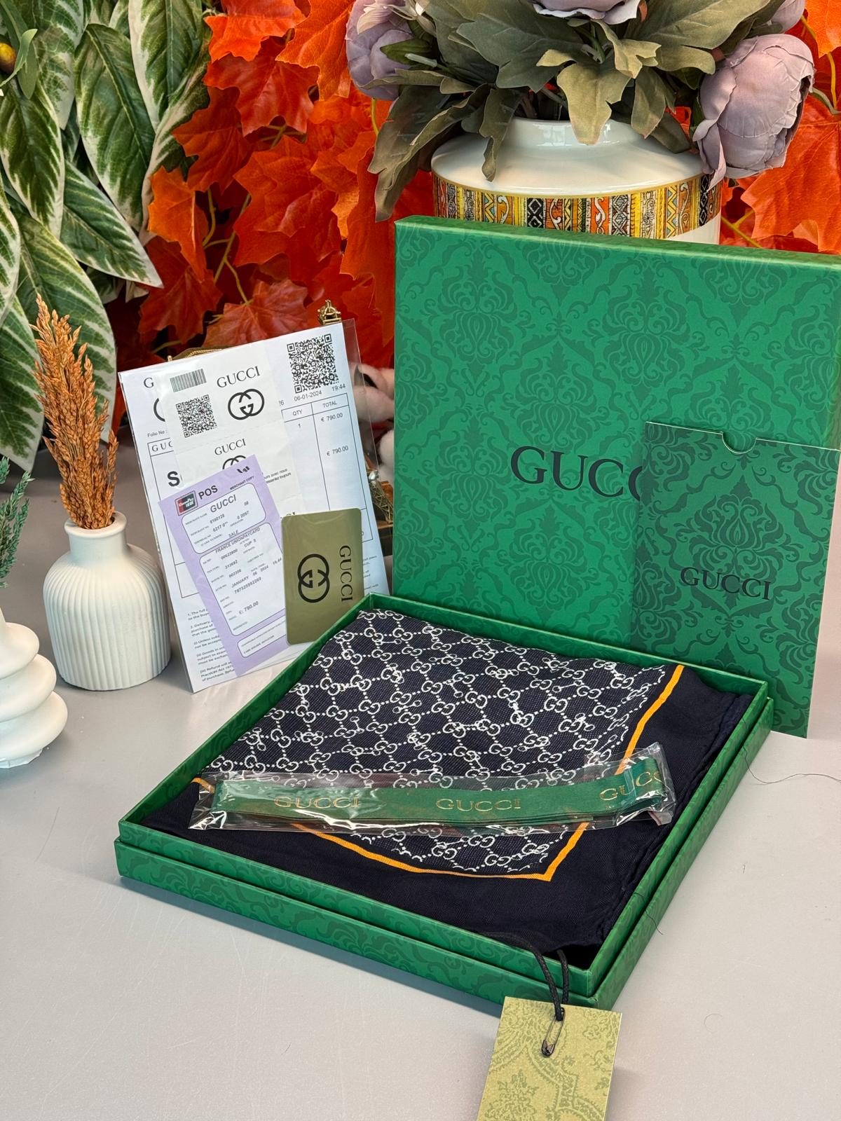 Gucci A Kalite İthal Yün İpek Şal - Lacivert-Hardal