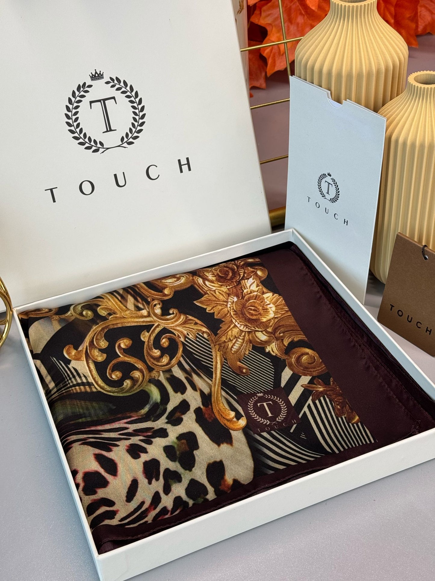 Touch İthal Etnik Leopar Vual İpek Şal - 887780 - Mürdüm-Siyah