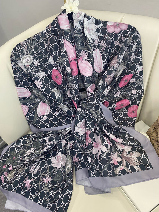 Gucci Çiçek Desen Pamuk Soft Şal 65355 -  Siyah/Füme