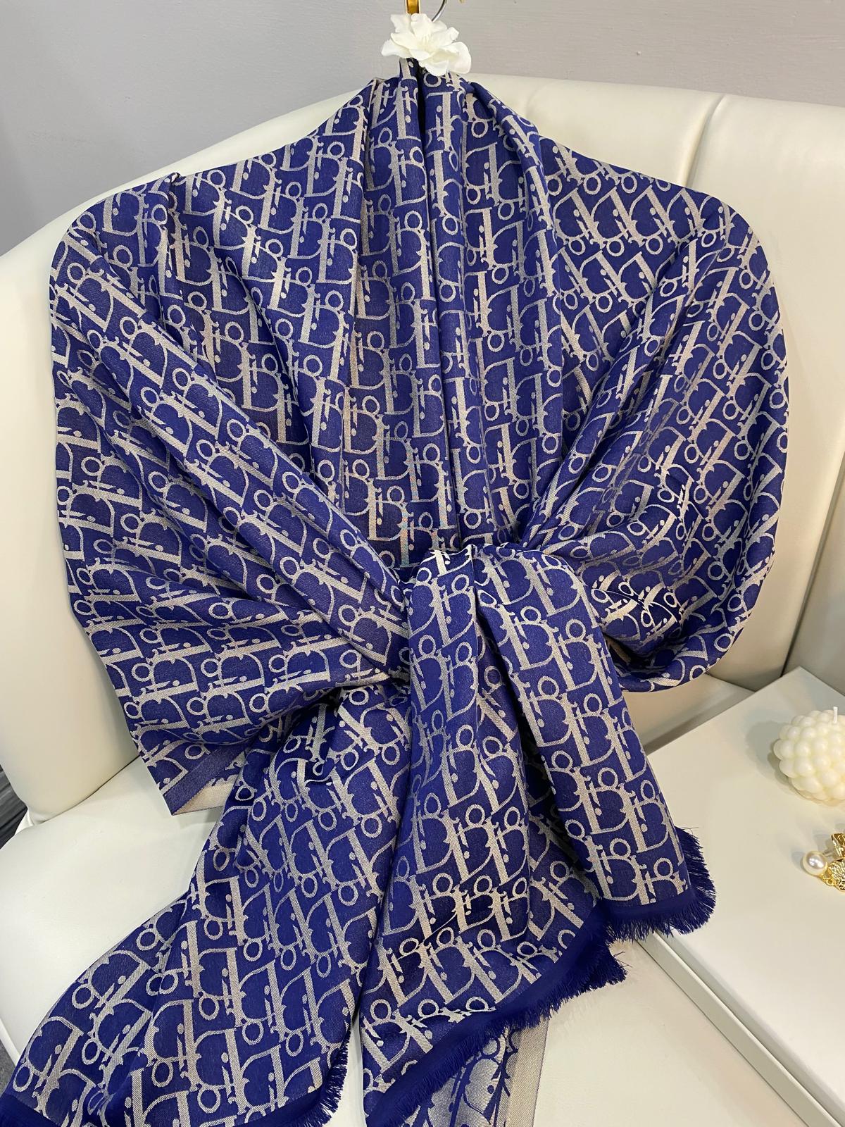 Dior Desenli İpek Kaşmir Çift Taraflı Şal 78002 -Lacivert- Vizon
