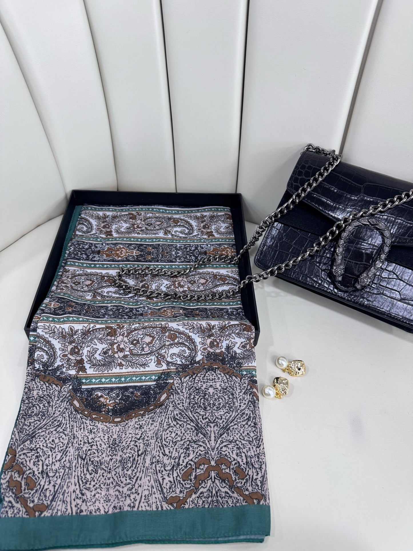 Retro Desen Pamuk İpeksi Eşarp -125698- Kavak Yeşili