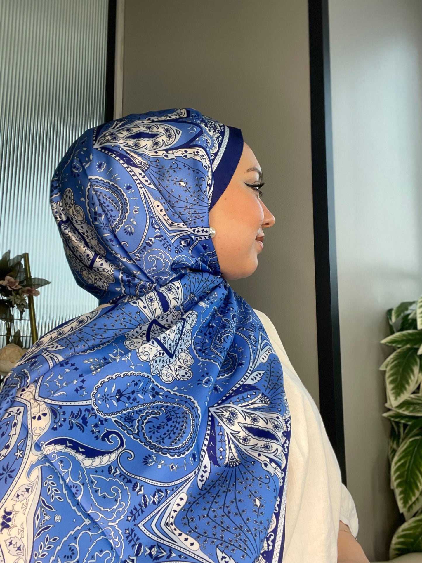 Batik Desen Vual İpek Şal -259685-Mavi