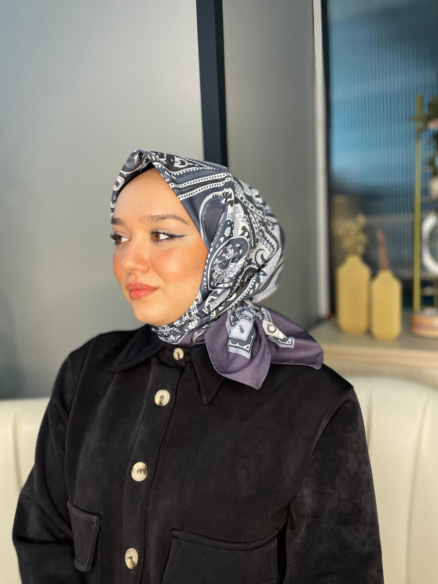 Retro Desen Pamuk Soft Eşarp 27092 -Kurşuni