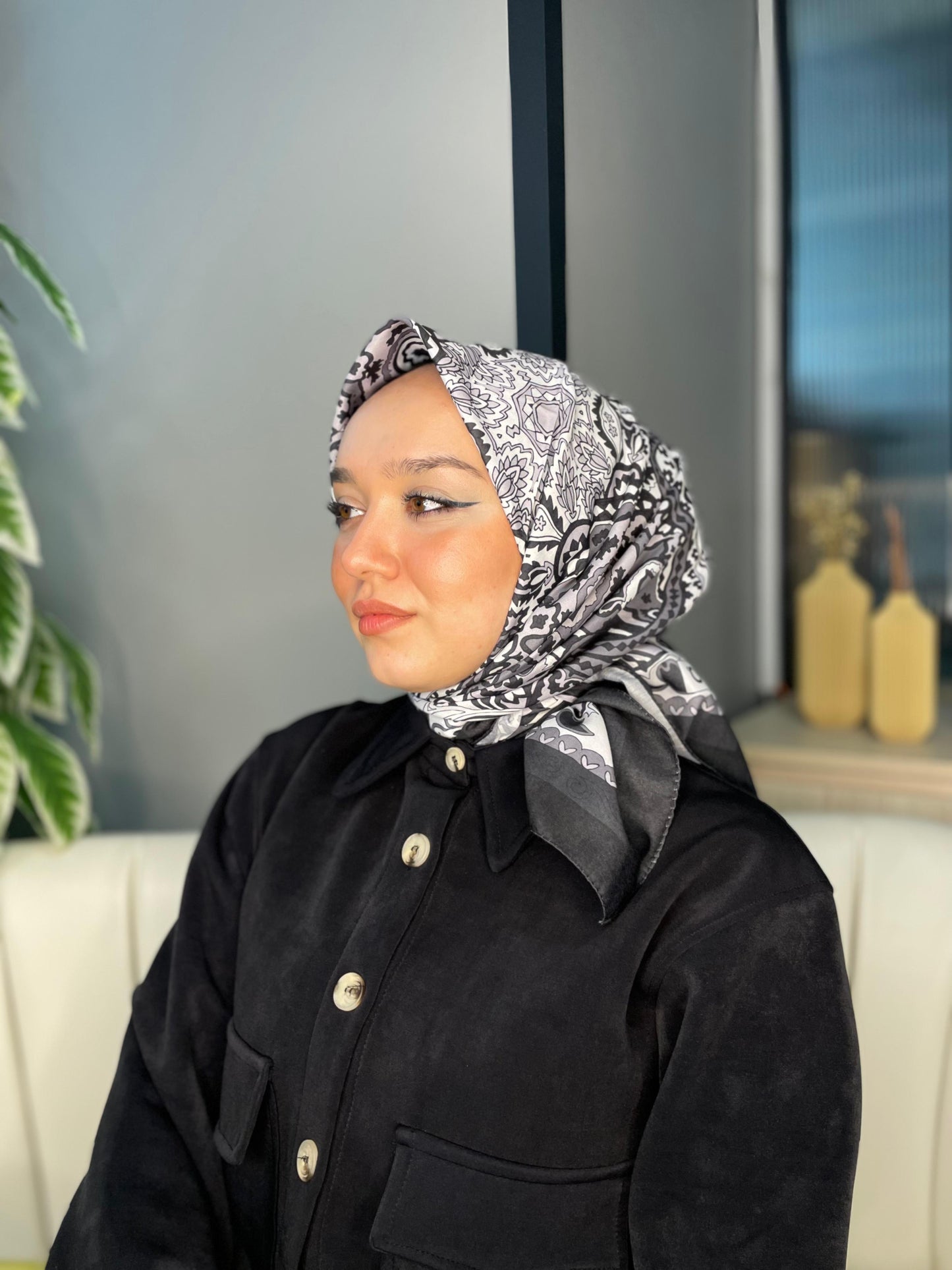 Geometrik Desen Pamuk Soft Eşarp 27091 - Kömür