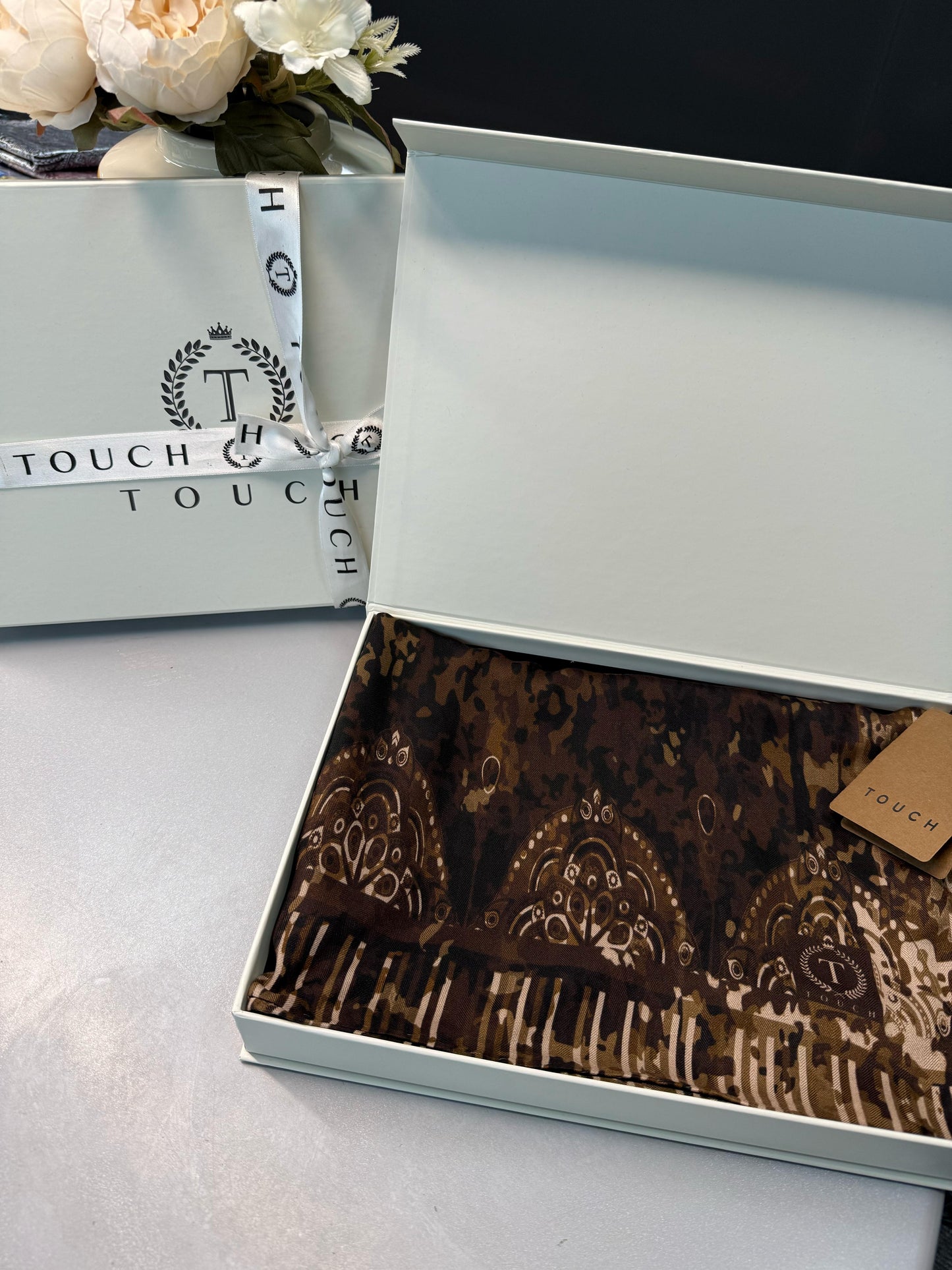 Touch İthal Etnik Desen Yün İpek Şal-34550-Kahve-Bej