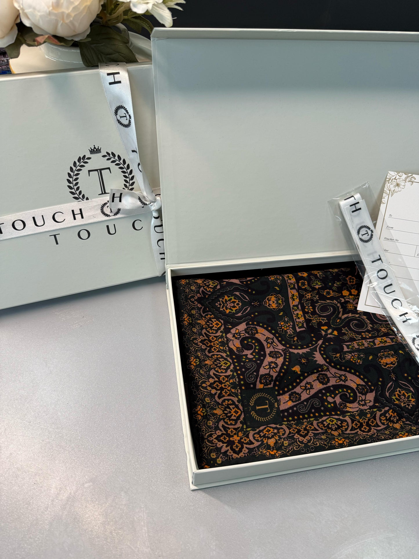 Touch İthal Etnik Desen Yün İpek Şal 34330 –Yeşil-Pudra