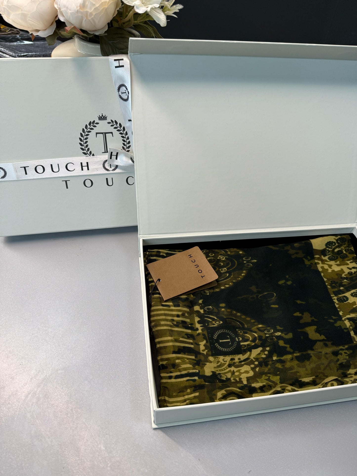 Touch İthal Etnik Desen Yün İpek Şal-34550-Asker Yeşili