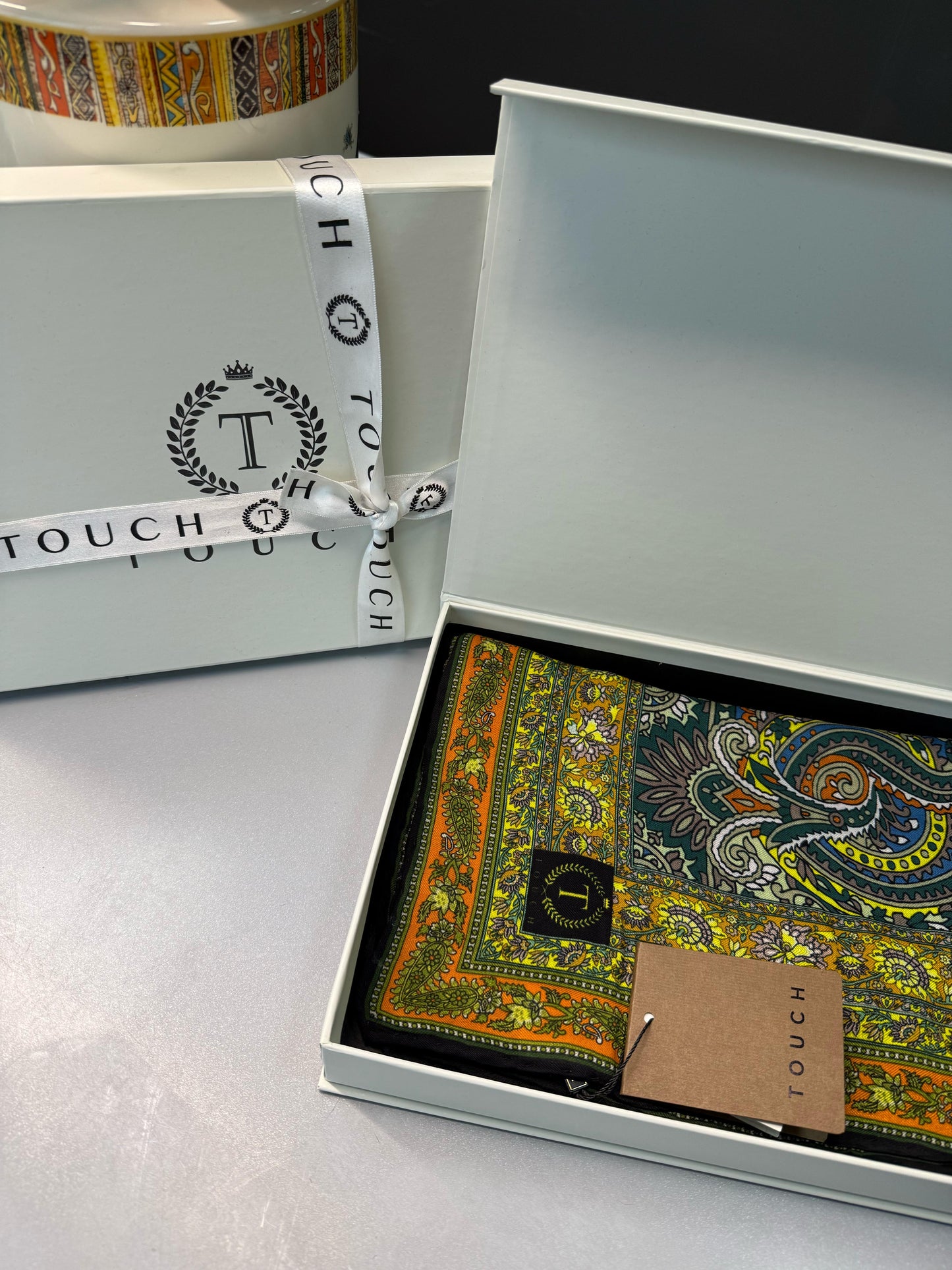 Touch İthal Etnik Desen Yün İpek Şal-35110-Mint-Kiremit