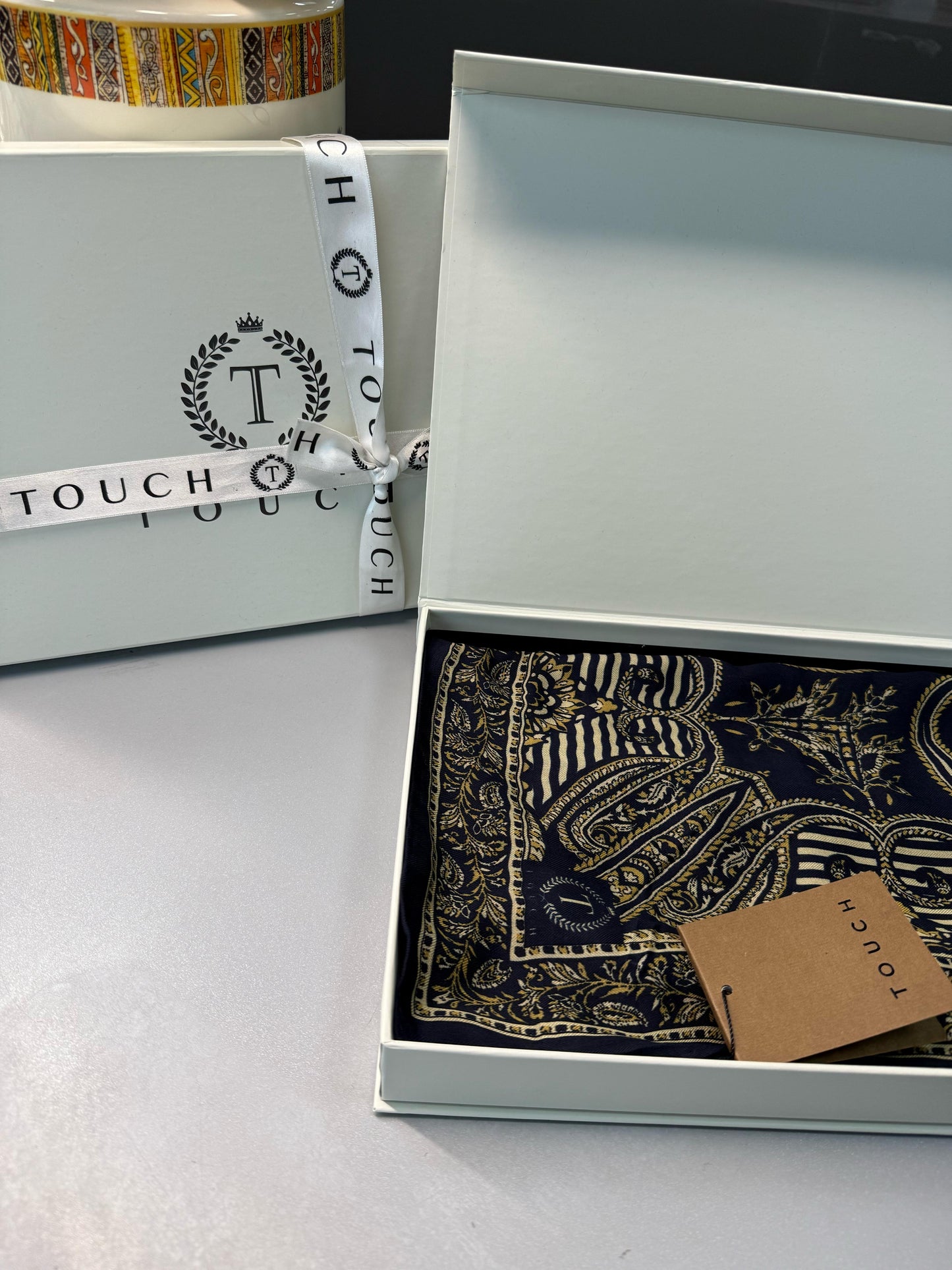 Touch İthal Etnik Desen Yün İpek Şal 34330 –Lacivert-Camel