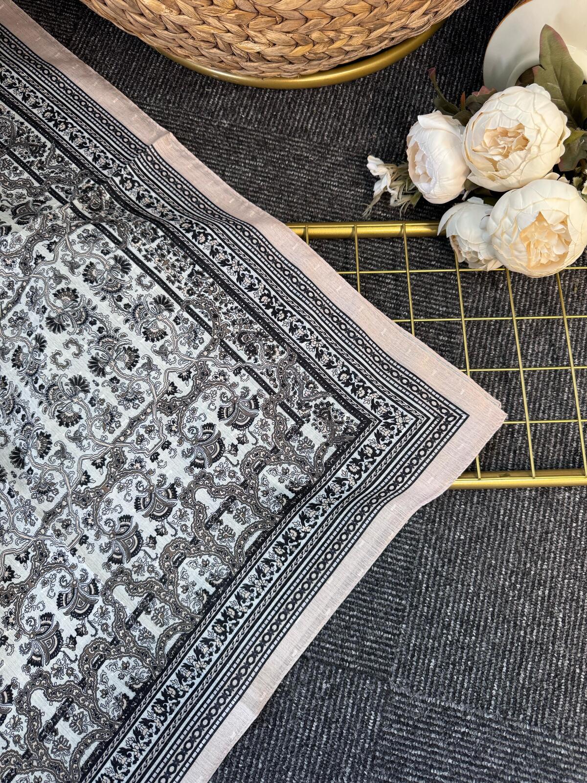 Vintage Desen Naturel ipek Şal-010203-TAŞ