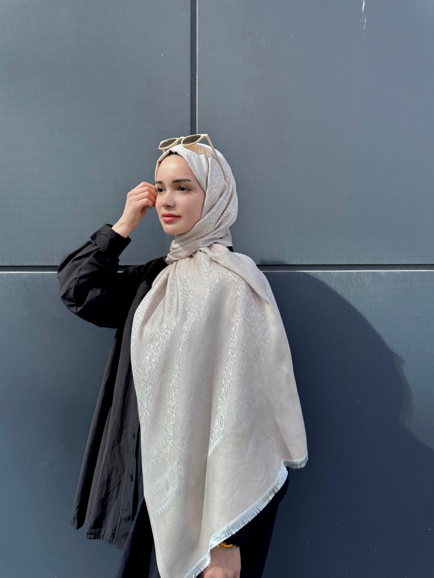 Sedef Desen Kendinden Dokulu Çift Taraflı Şal-40000-Pudra