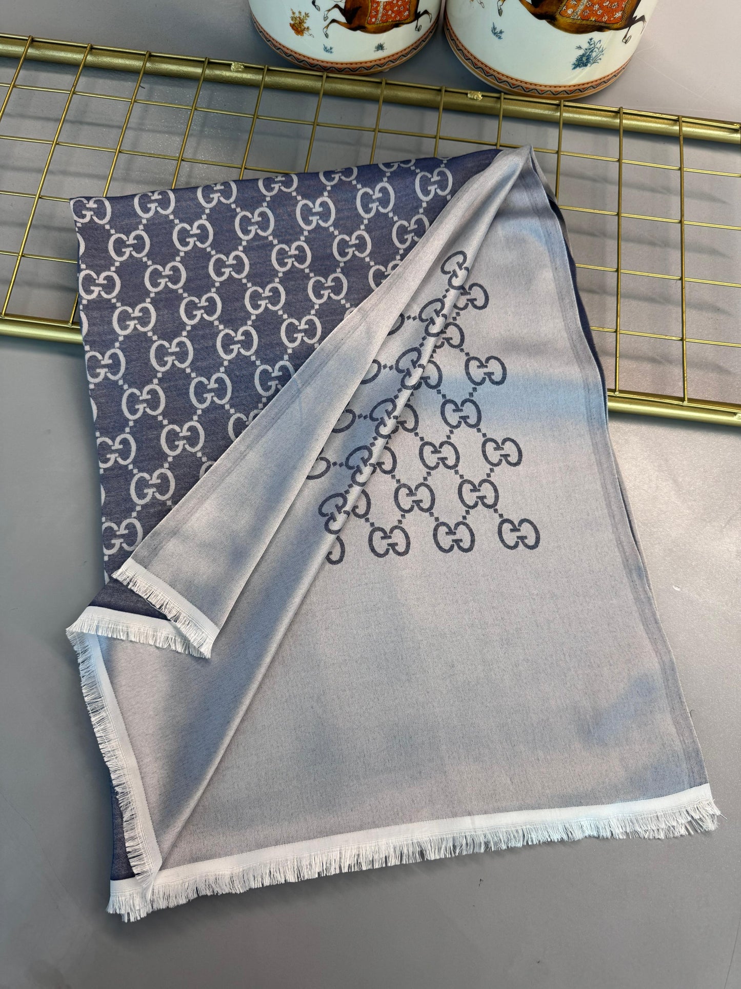 G Desen Kendinden Dokulu Desenli İtalyan Şal-10009- Kot mavi