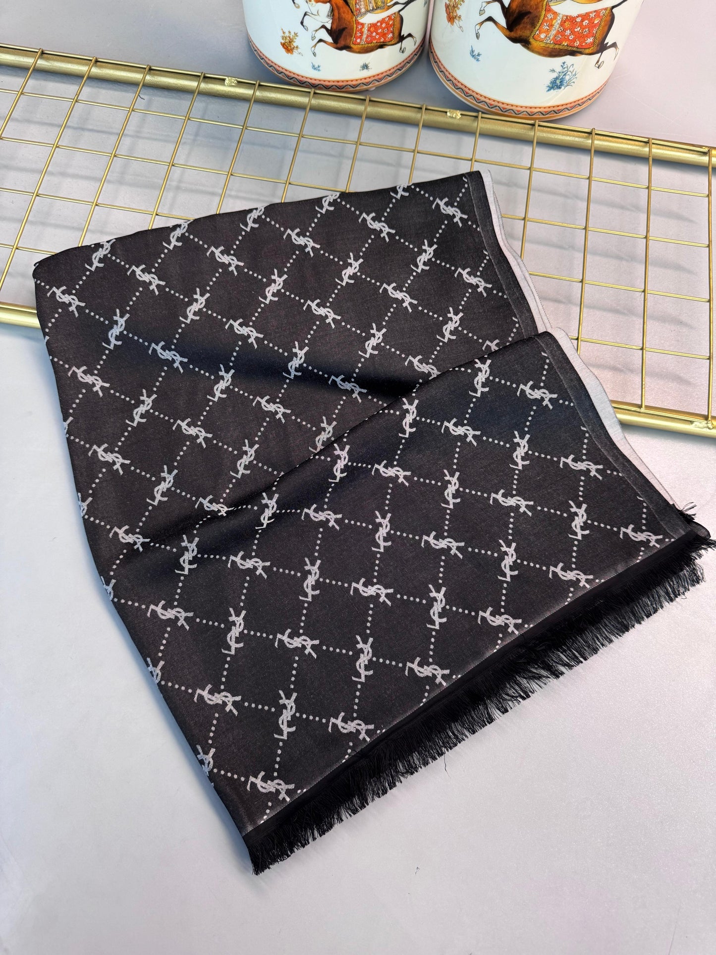 Ysl Desen Kendinden Dokulu Desenli İtalyan Şal-10010-Siyah