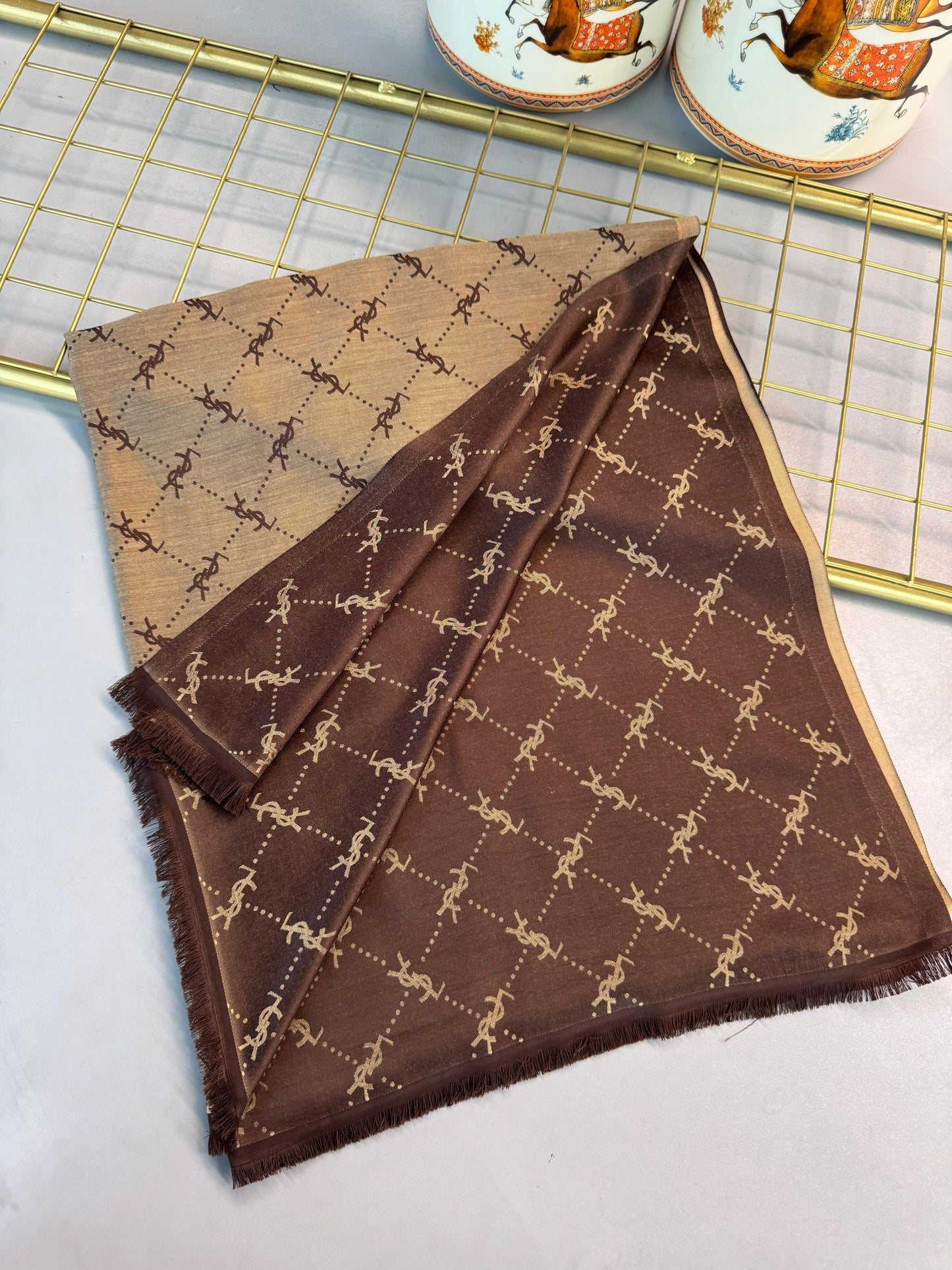Ysl Desen Kendinden Dokulu Desenli İtalyan Şal-10010-Kahve