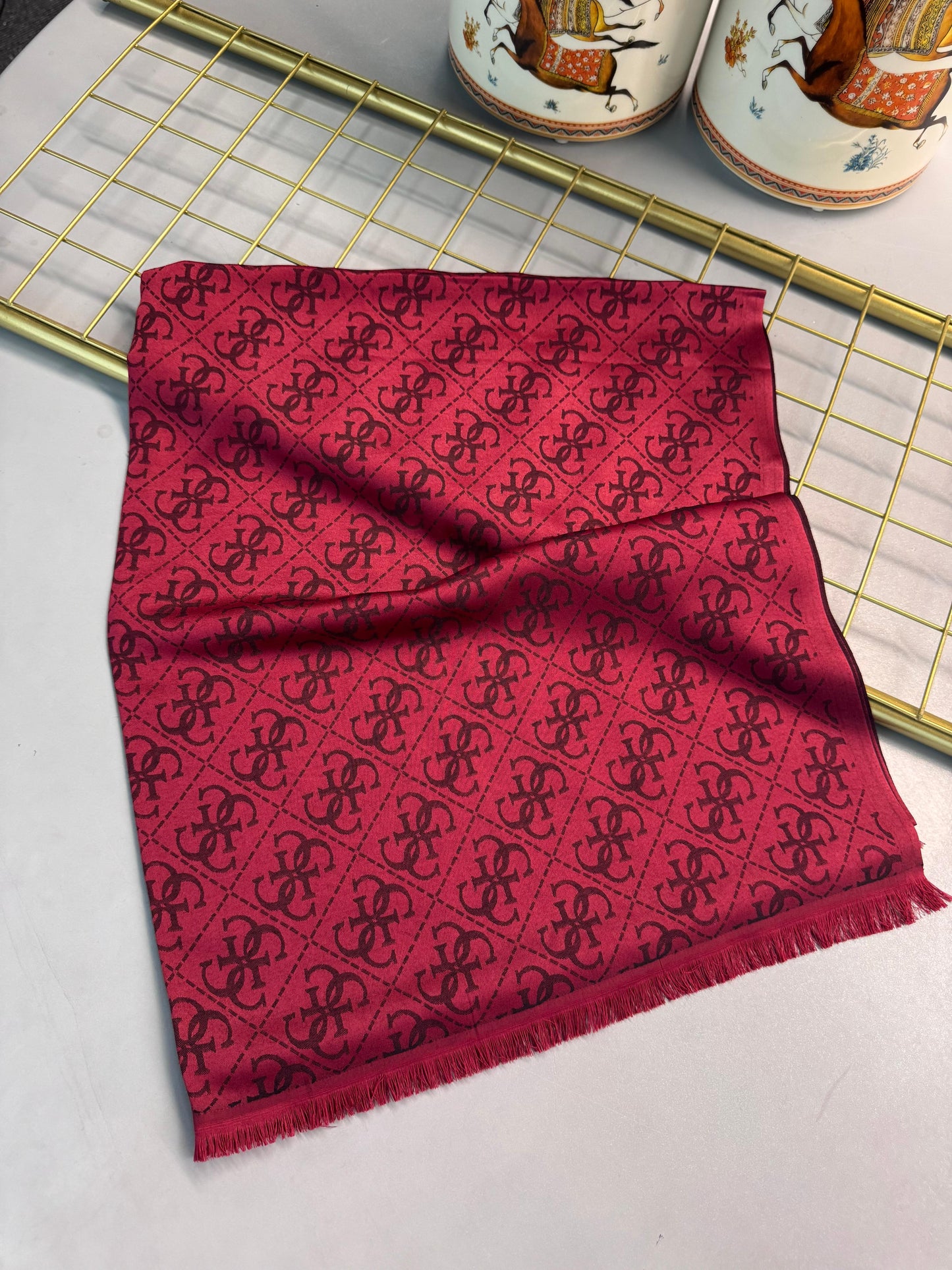 Guess Desen Kendinden Dokulu Desenli İtalyan Şal-10011-Bordo