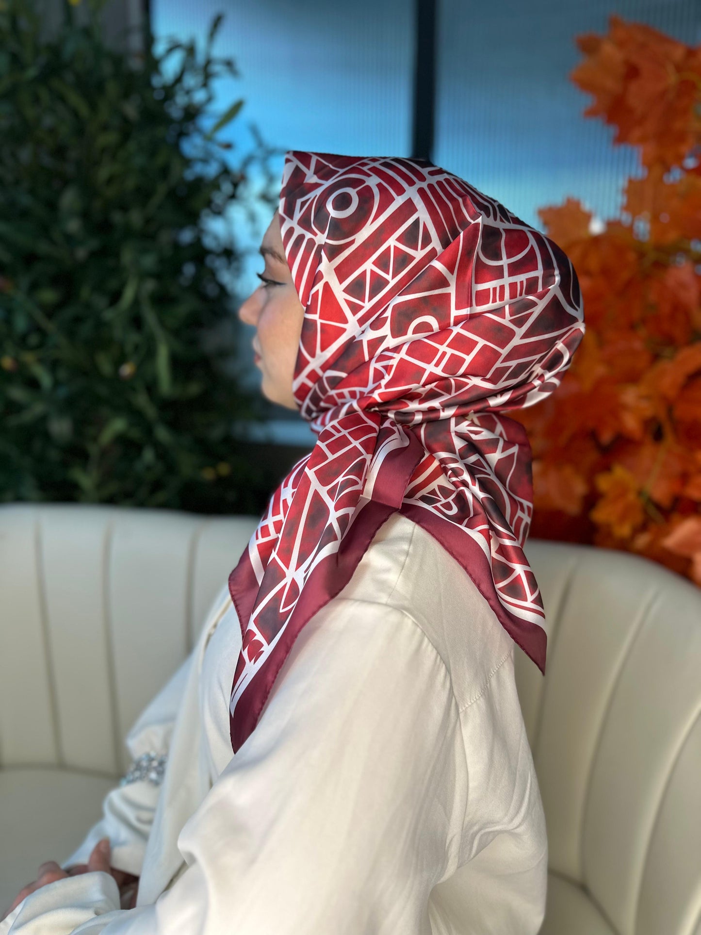 Oxxo Desen Vual İpek Eşarp-6203662-Bordo