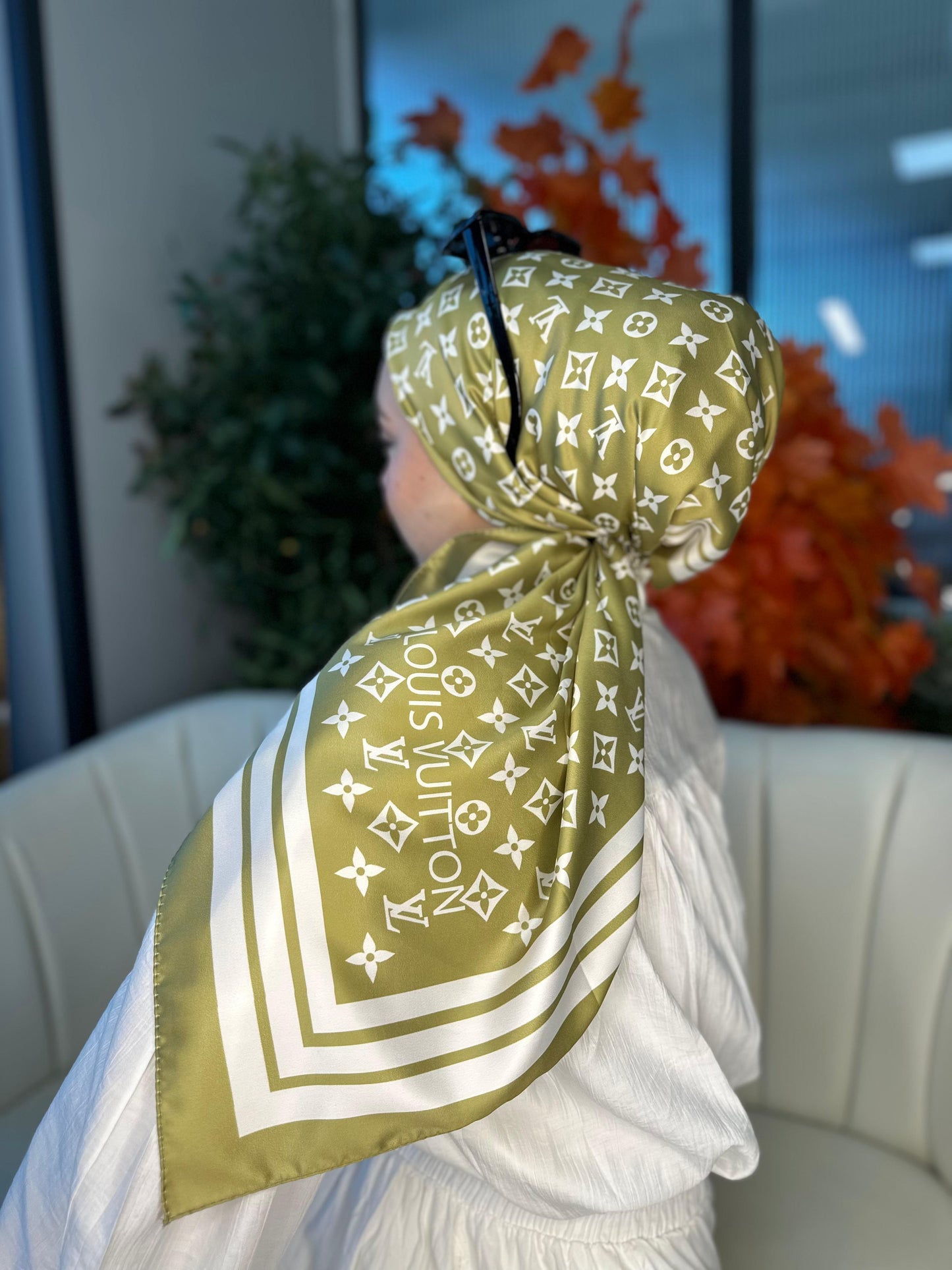 Lv Desen Vual İpek Eşarp-6204527-Yağ yeşili