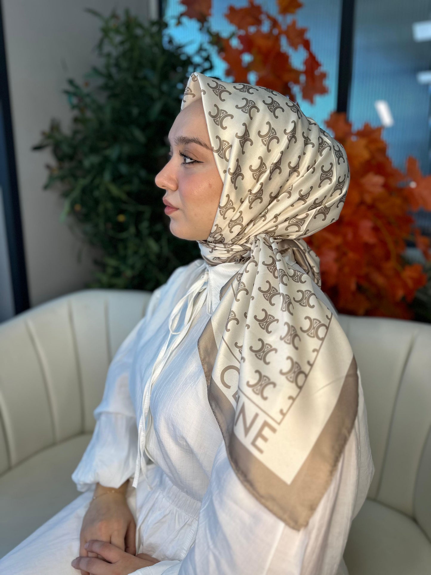 Celine Desen Vual İpek Eşarp-6204527-Sütlü kahve