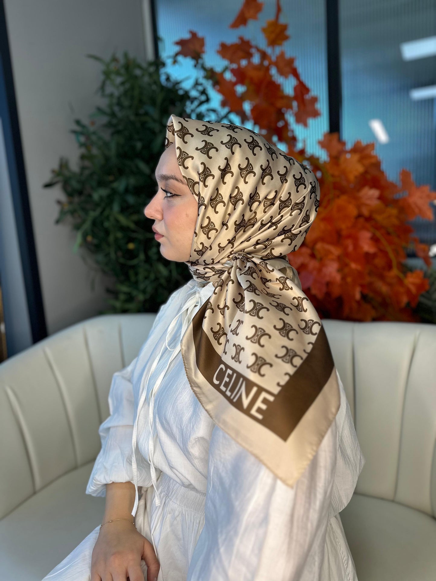Celine Desen Vual İpek Eşarp-6204527-Latte