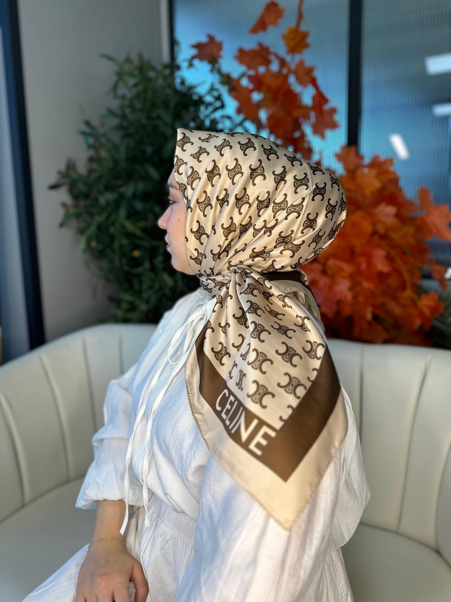 Celine Desen Vual İpek Eşarp-6204527-Latte