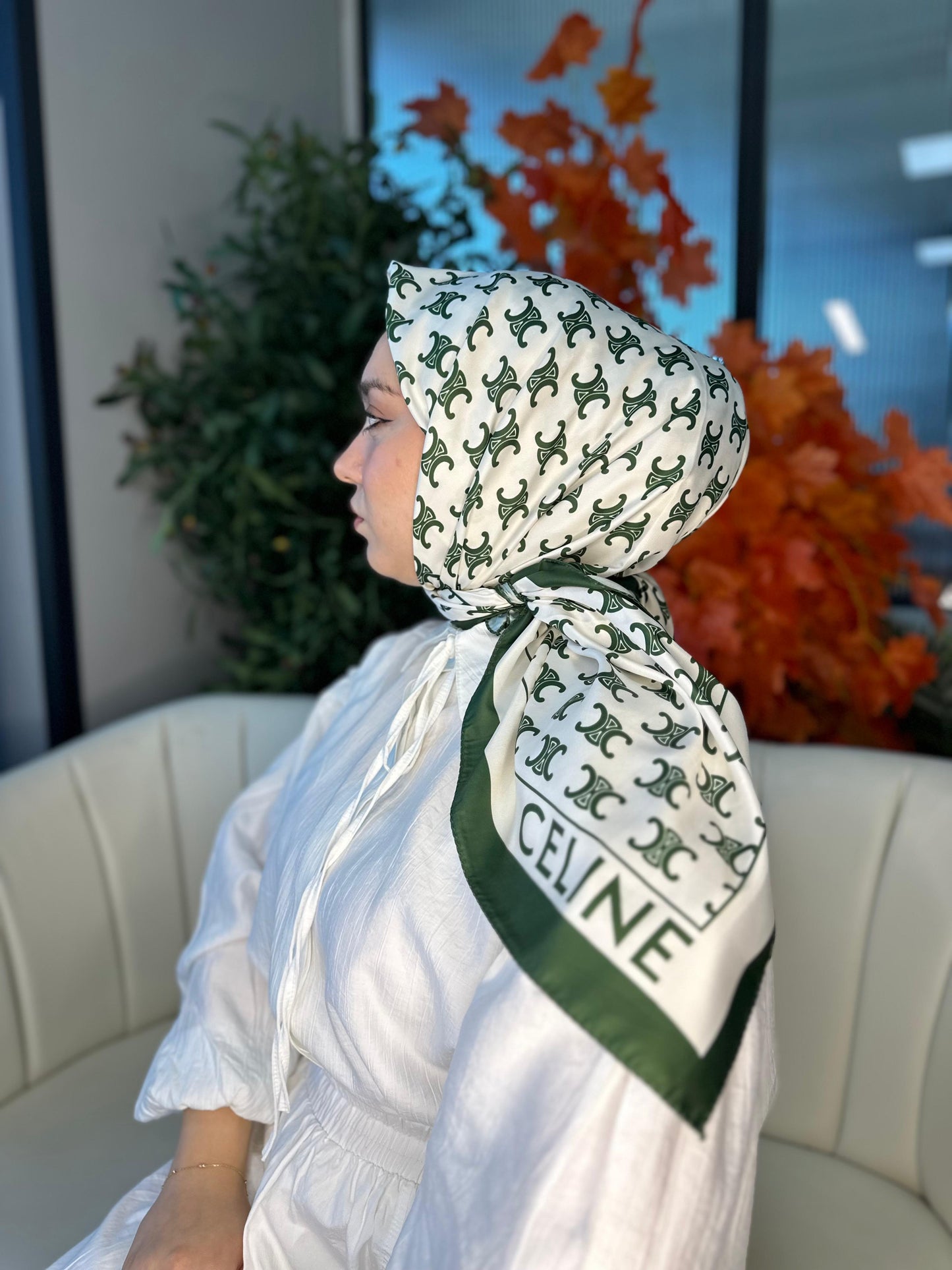 Celine Desen Vual İpek Eşarp-6204527-Yeşil