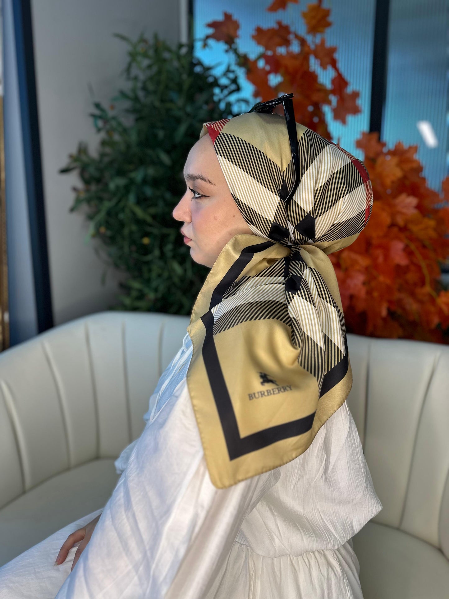Burberry Kare Desen Vual İpek Eşarp-8682626-Yağ yeşili