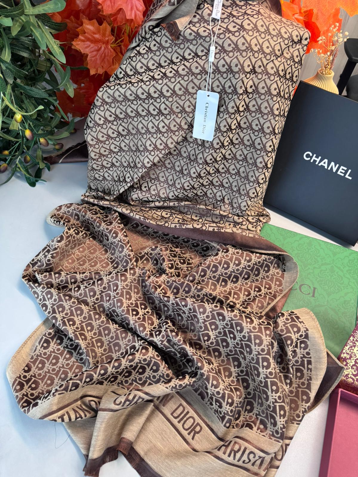 Dior Tam Set Kutulu İthal Kaşmir İpek Şal - Kahve