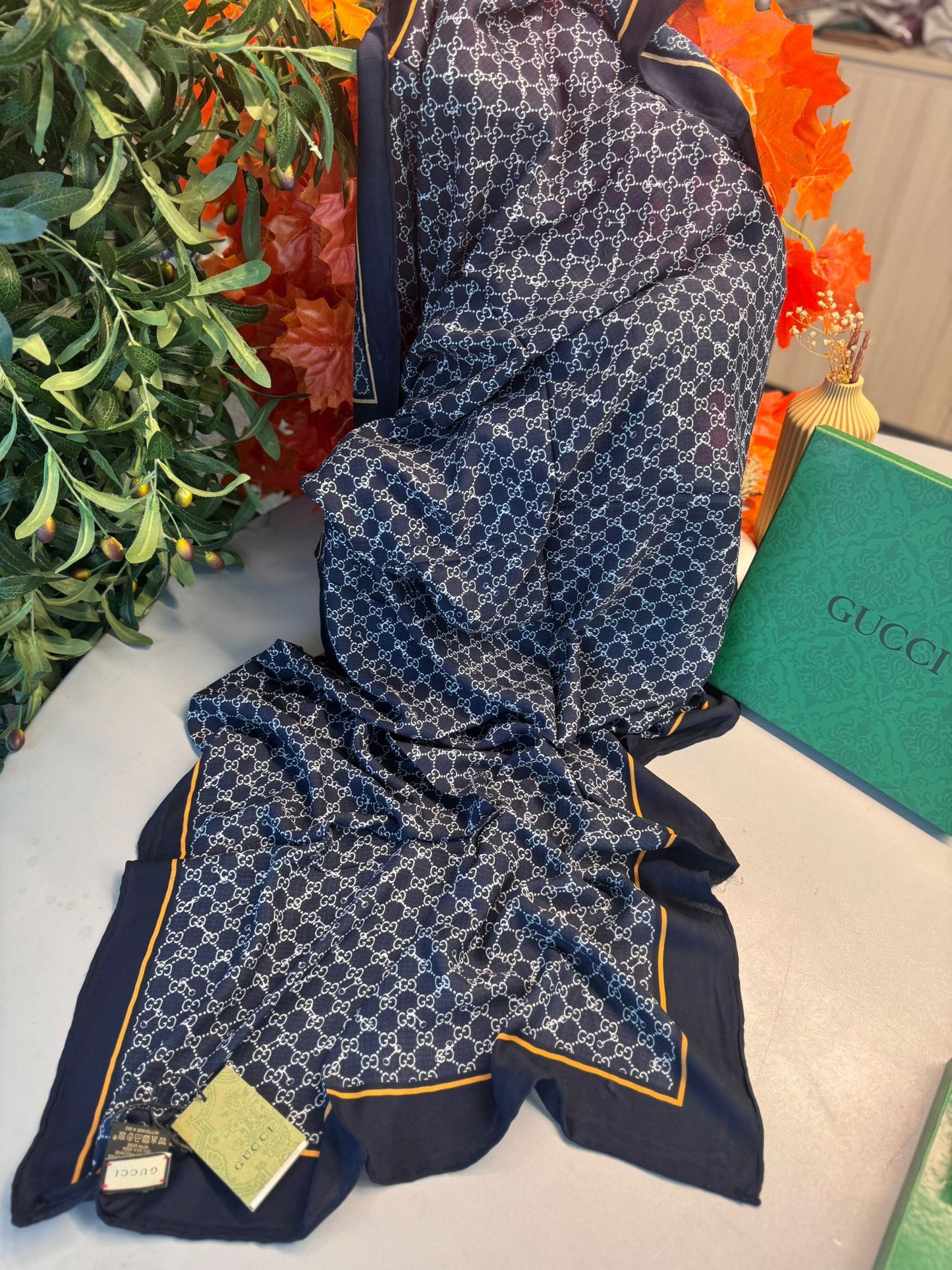 Gucci Tam Set Kutulu A Kalite Yün İpek Şal - Lacivert-Hardal