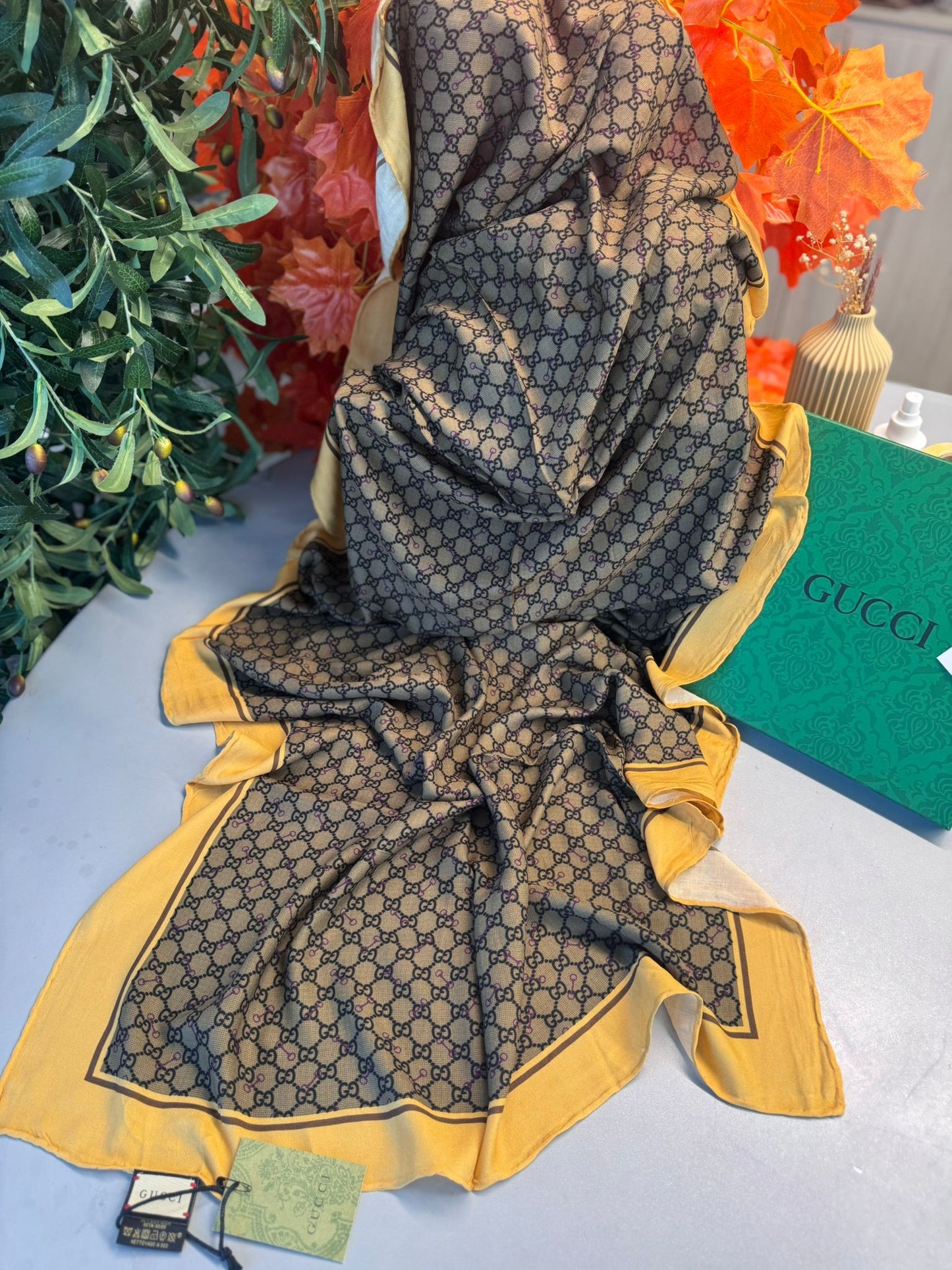 Gucci Tam Set Kutulu A Kalite Yün İpek Şal - Hardal Kahve