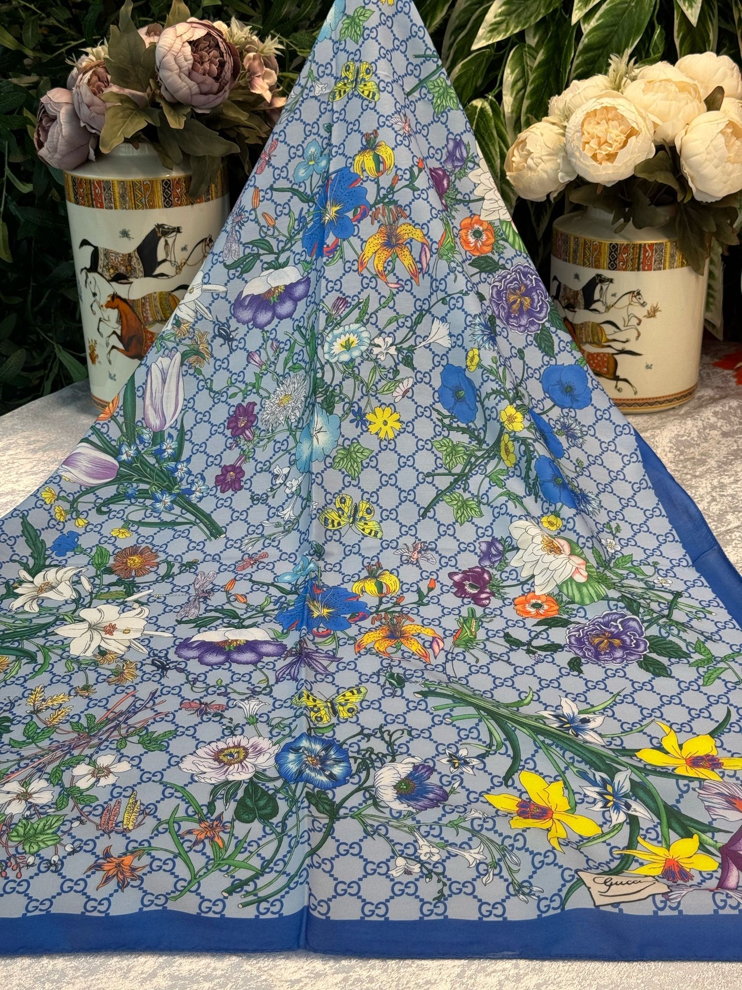 Gucci Çiçek Desen Pamuk Soft Şal 65355 - Bebe Mavisi