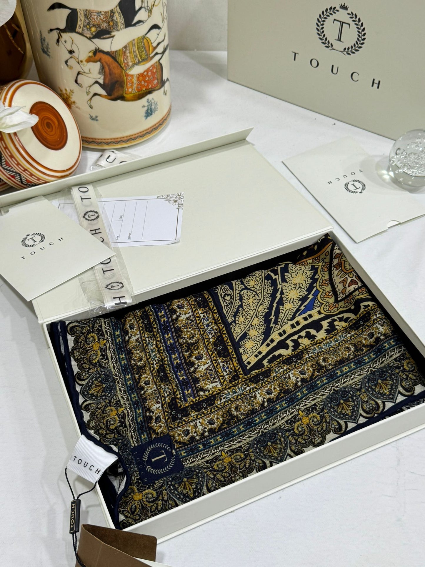 Touch İthal Etnik Desen Yün İpek Şal- 20450 - Lacivert Gold