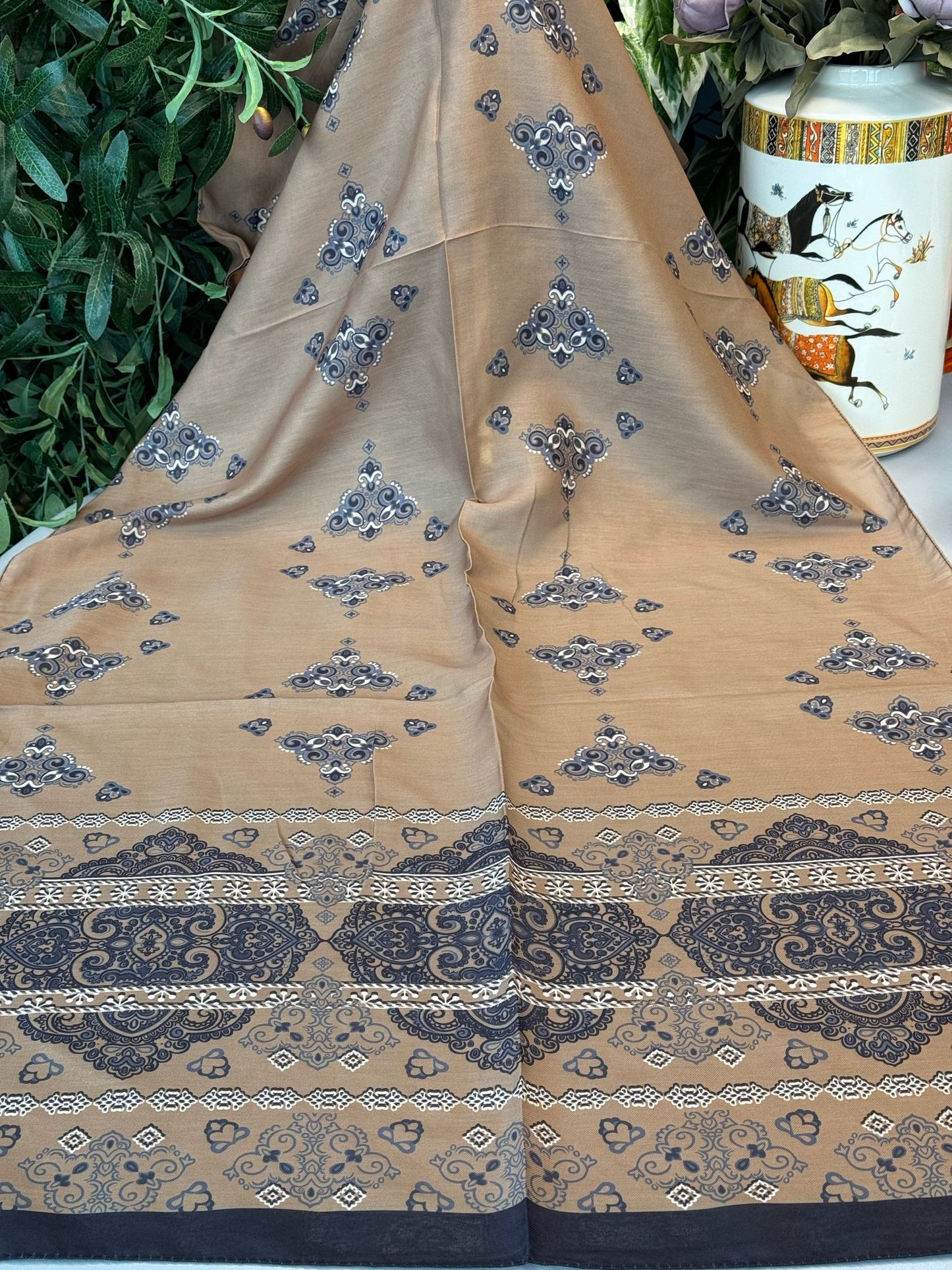 Kupa Desenli Pamuk İpek Şal - 797730 - Lacivert-Camel
