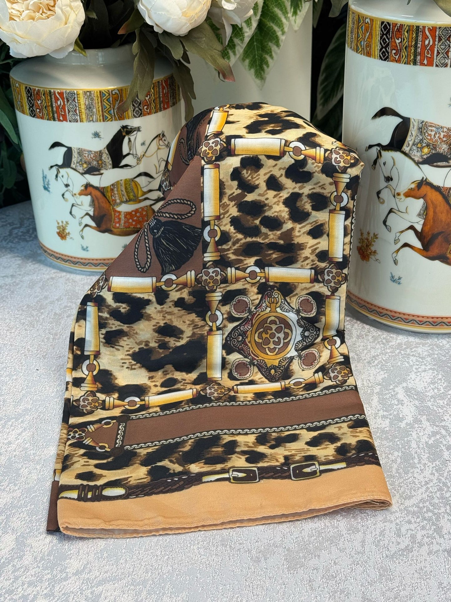 Hermes Leopar Pamuk Soft Şal 65329 - Latte
