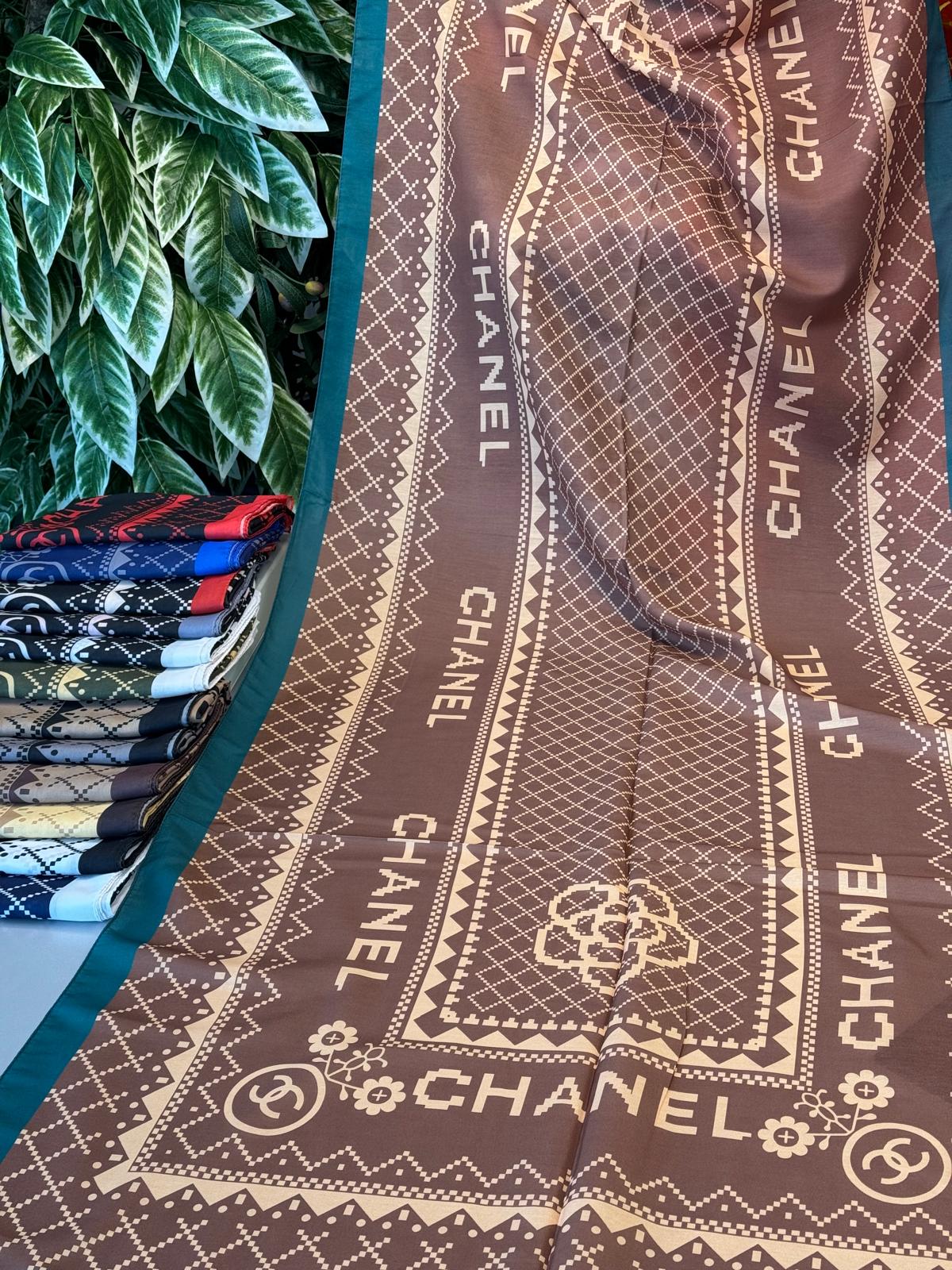 Chanel Çizgili Pamuk Soft Şal 51201 - Zümrüt Camel