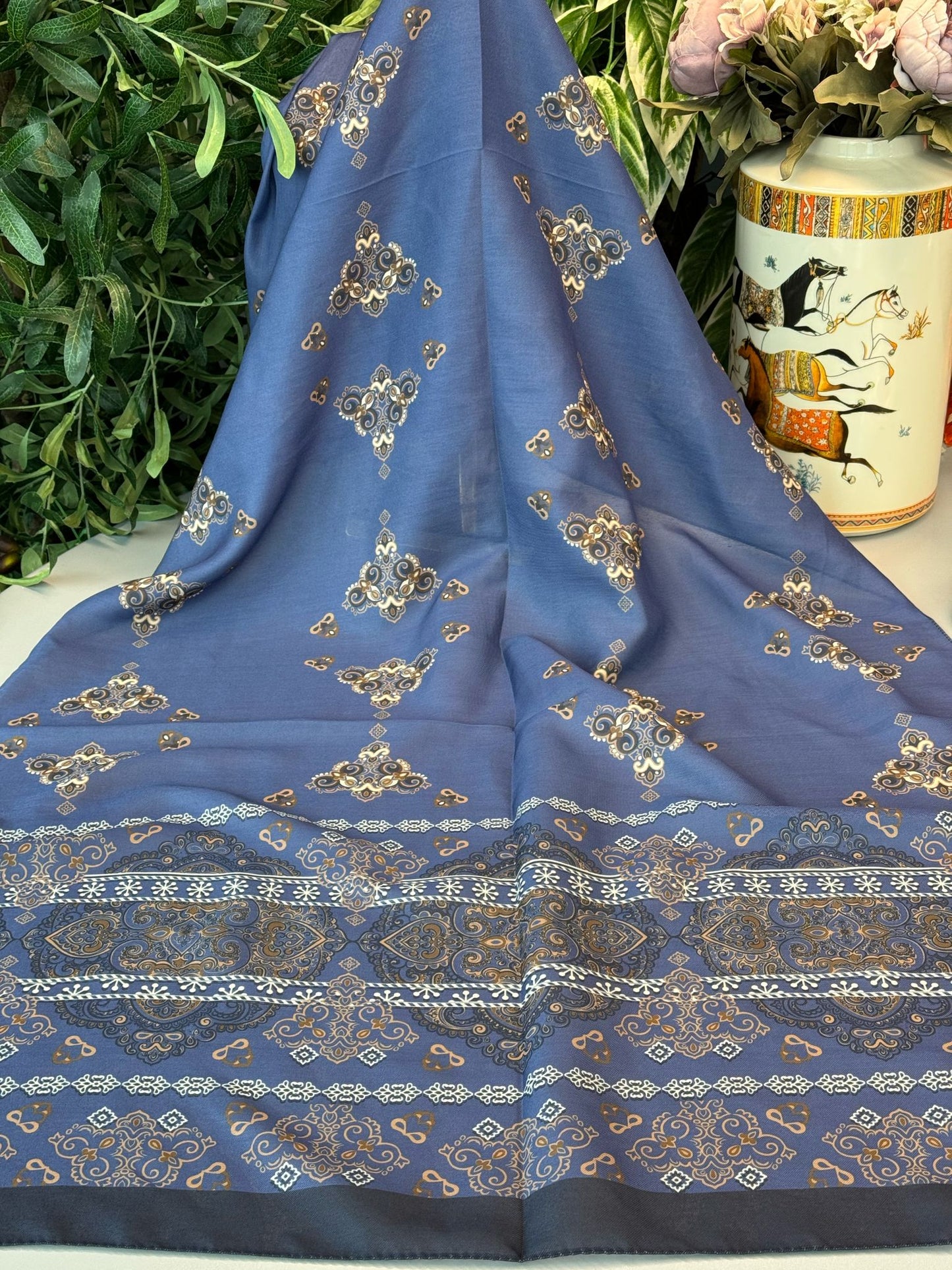 Kupa Desenli Pamuk İpek Şal - 797730 - Mavi-Lacivert
