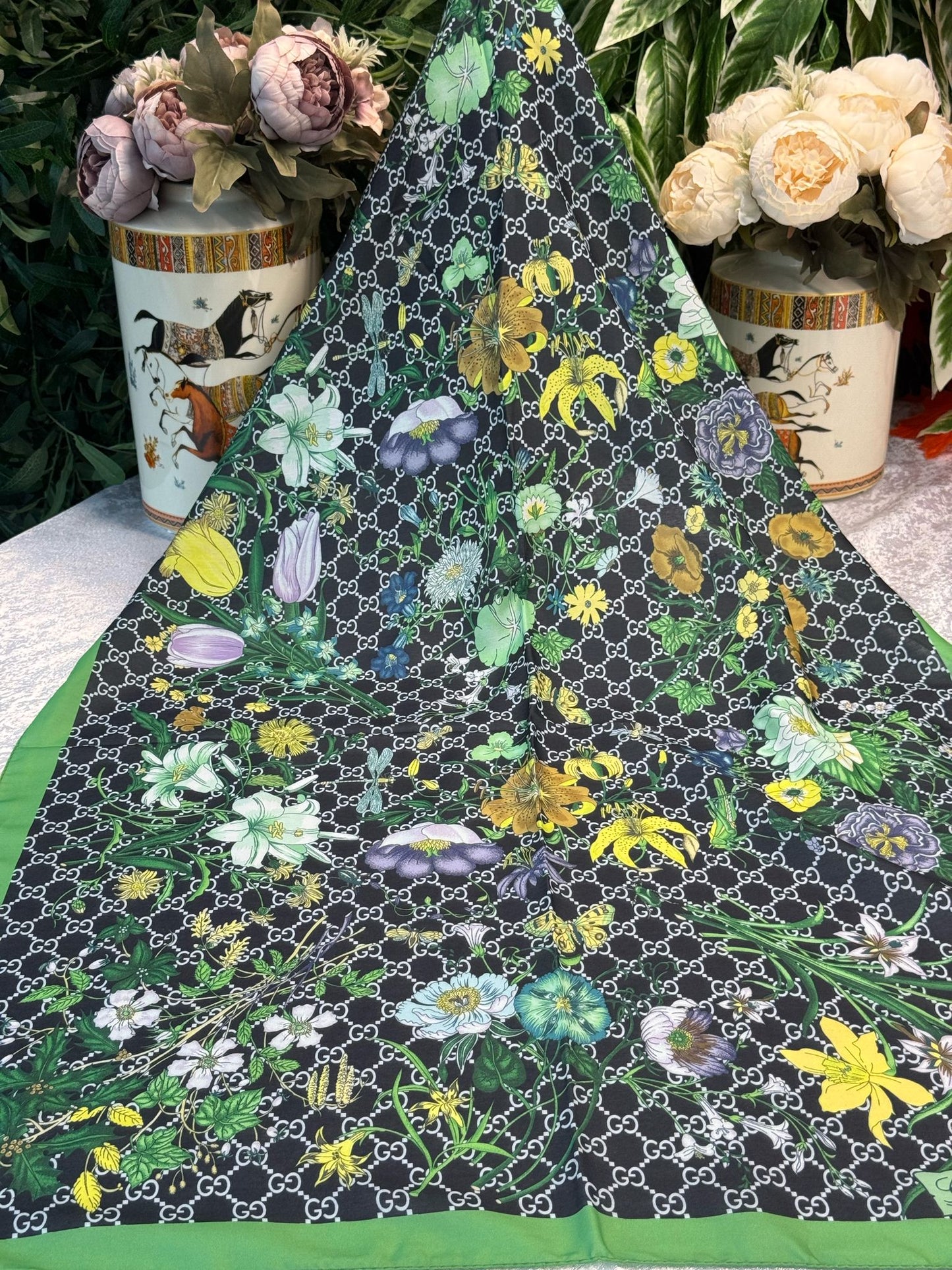 Gucci Çiçek Desen Pamuk Soft Şal 65355 - Siyah/Yeşil