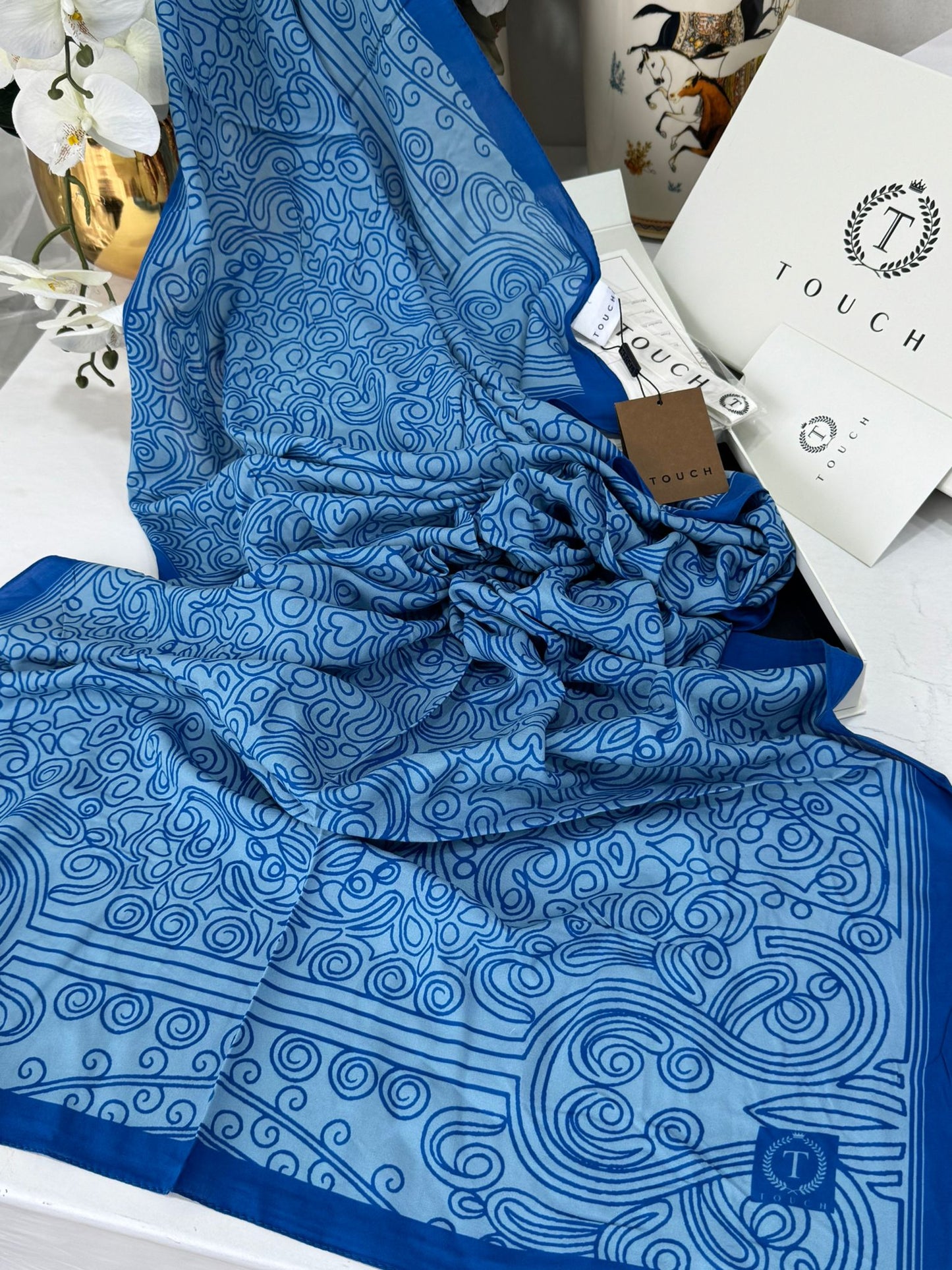 Touch İthal Etnik Desen Pamuk İpek Şal 63459- Mavi