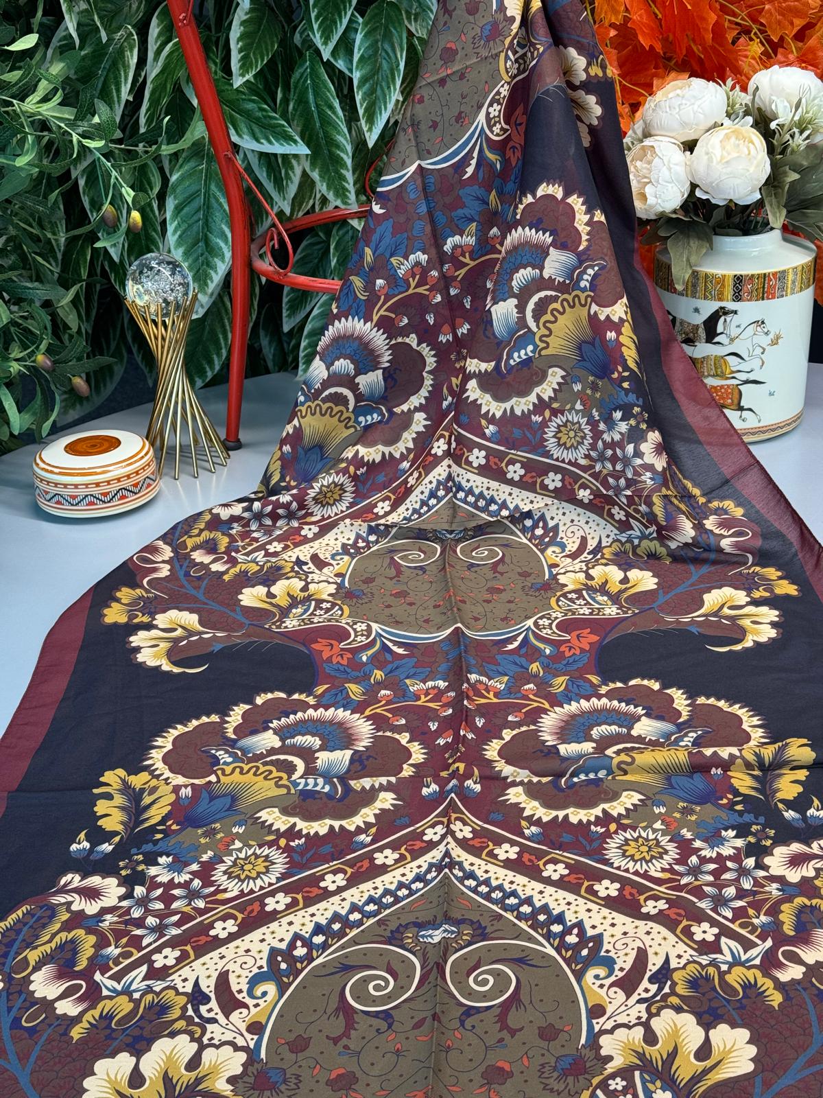 Etro Çiçek Desen Pamuk soft Şal - 433240 - Gece mavisi-Bordo