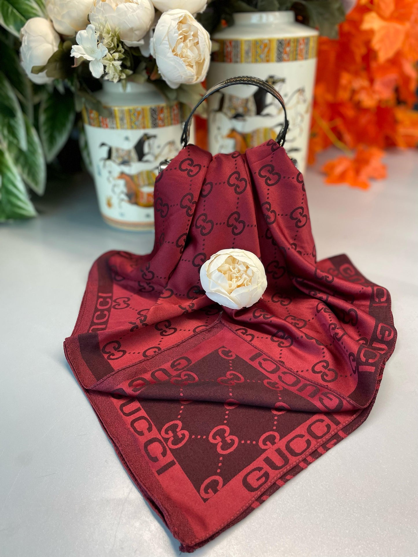 GUCCİ ÇİFT TARAFLI KAŞMİR İPEK EŞARP 7859- BORDO
