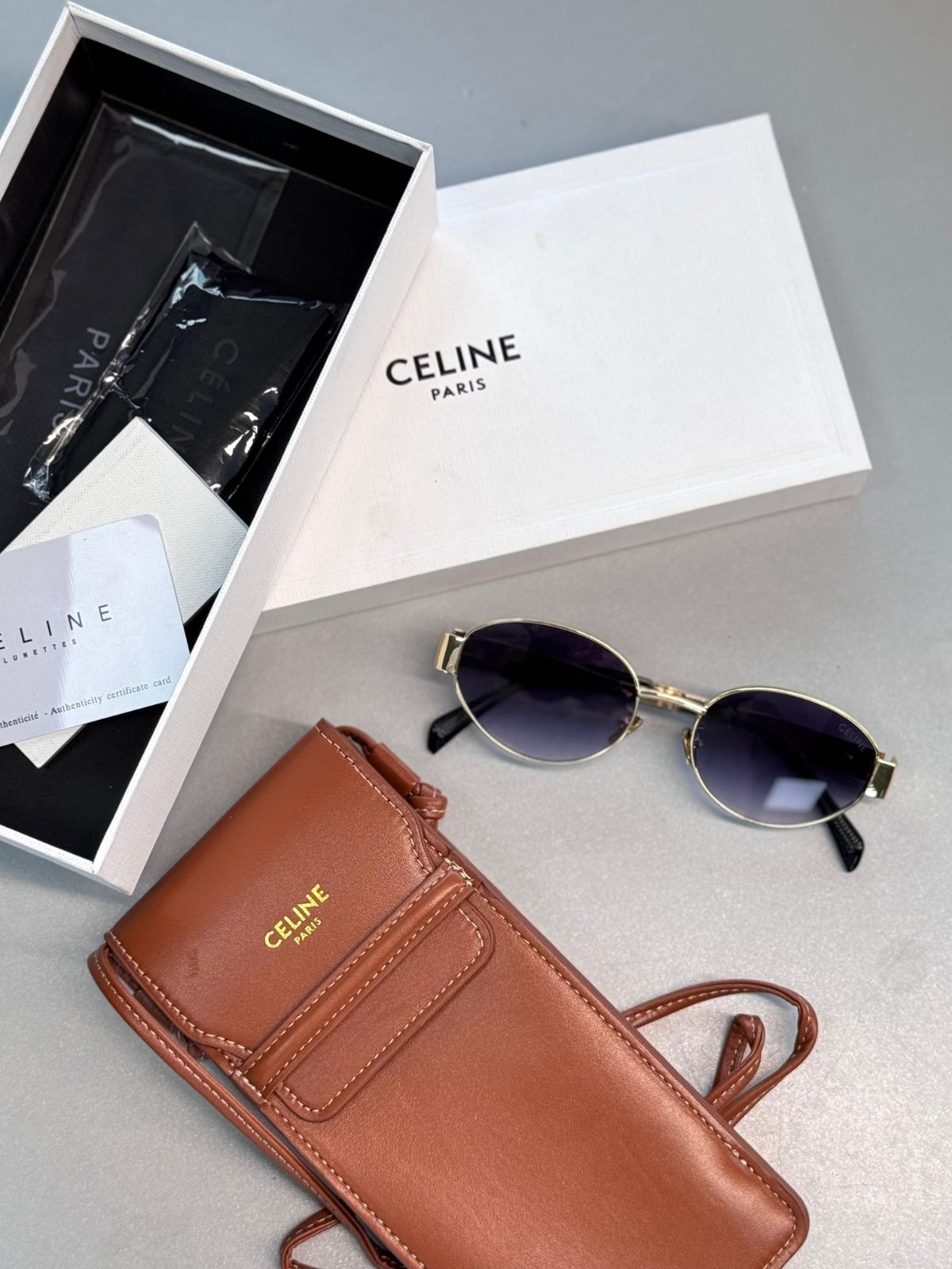Celine Original Premium Full Set Güneş Gözlüğü - Gold Mavi