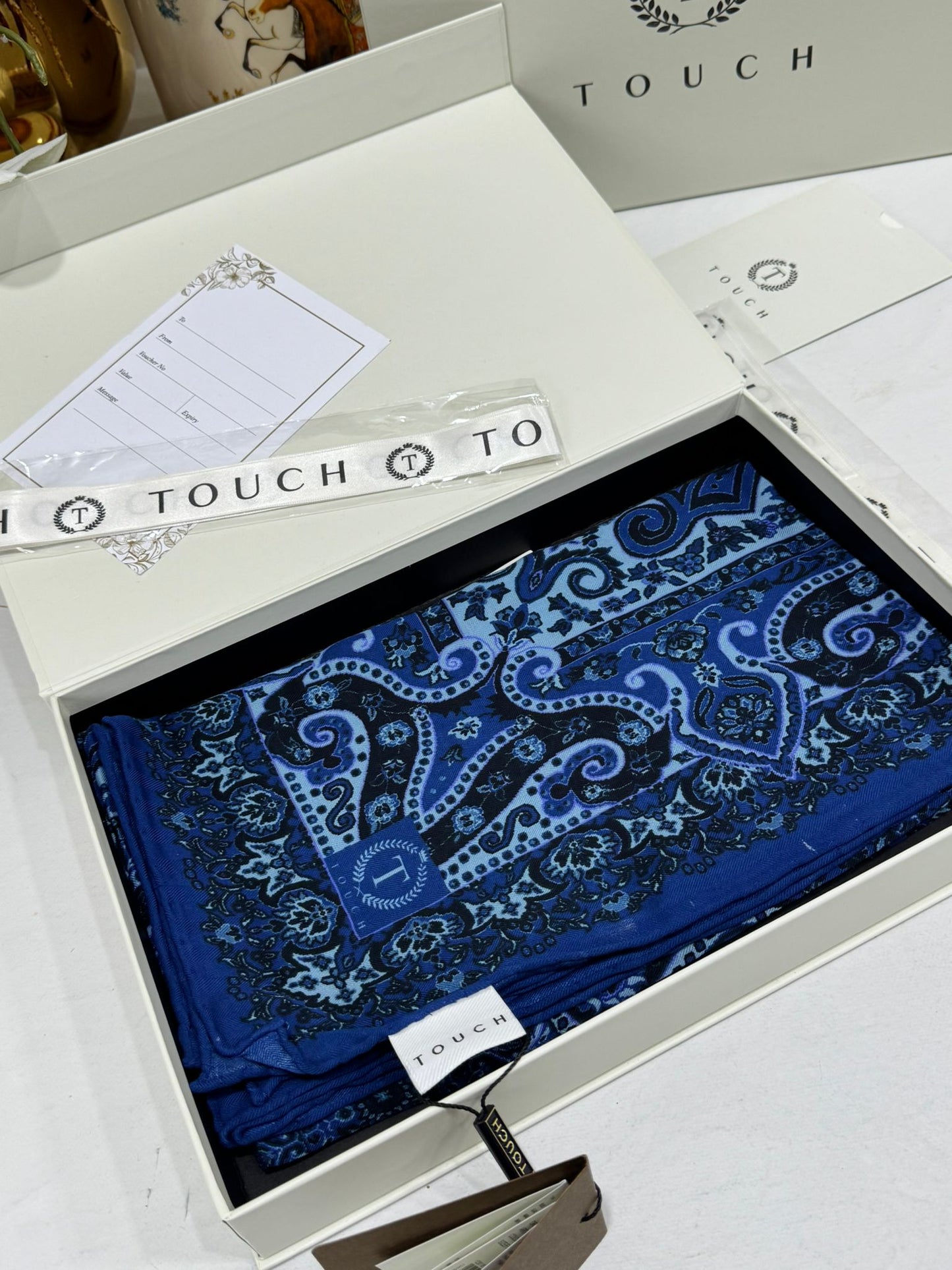 Touch İthal Etnik Desen Yün İpek Şal 34330 - Lacivert