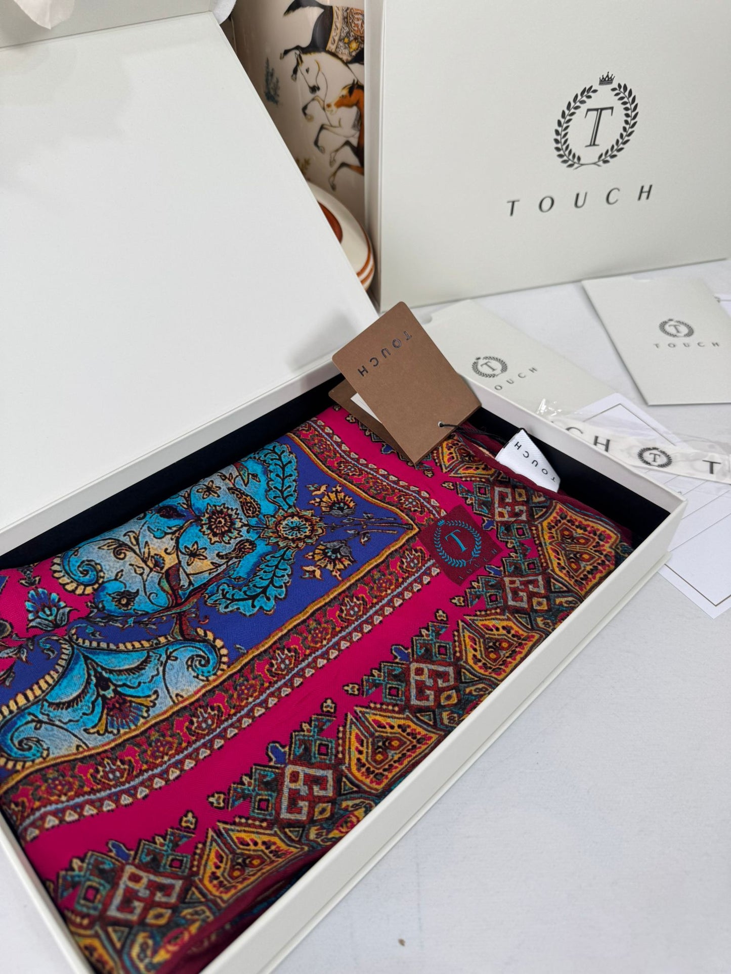 Touch İthal Etnik Desen Yün İpek Şal-34770 -Pembe