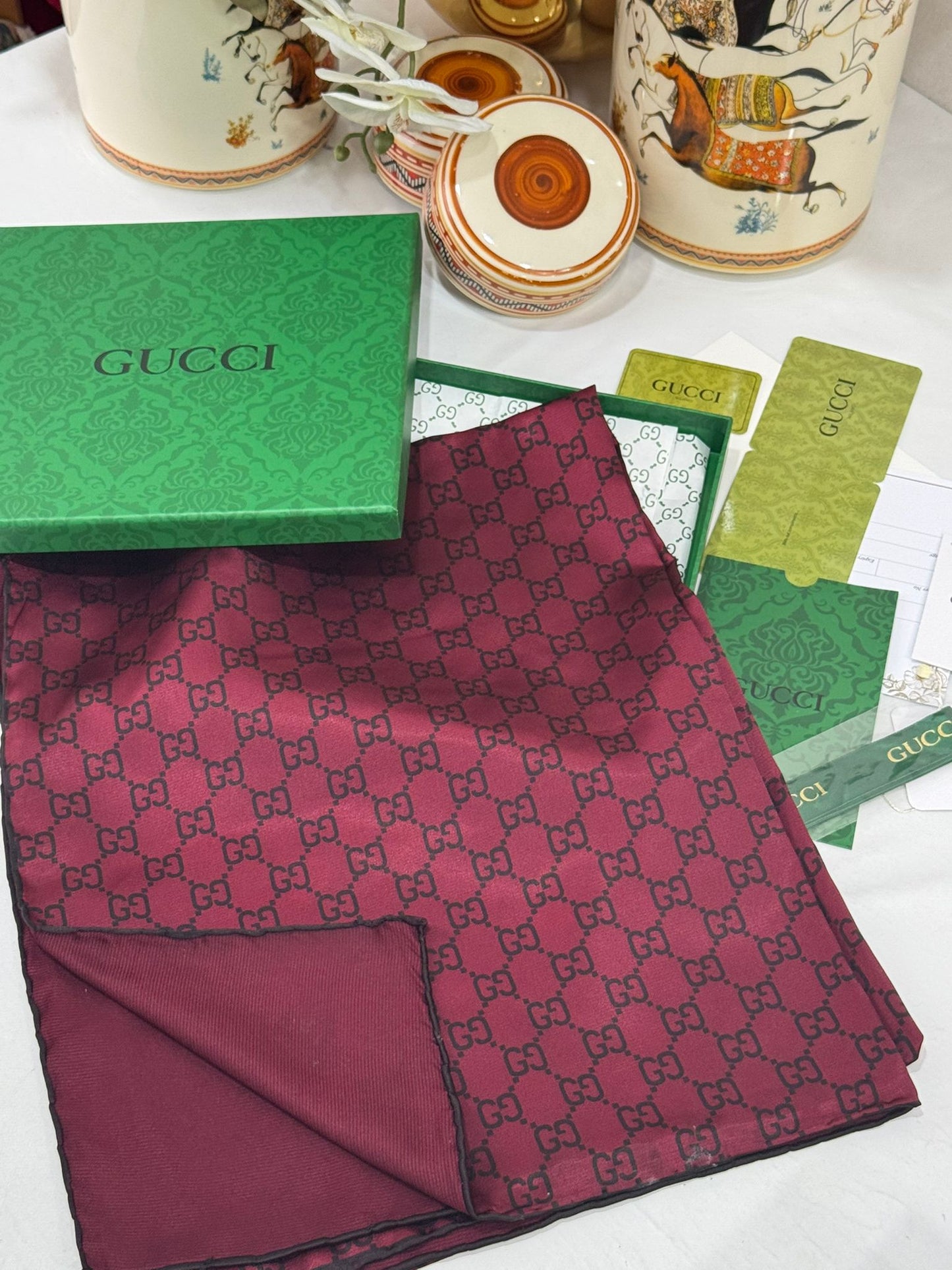 İthal Çifttaraflı Gucci İnci Vual İpek Şal-50140-Bordo