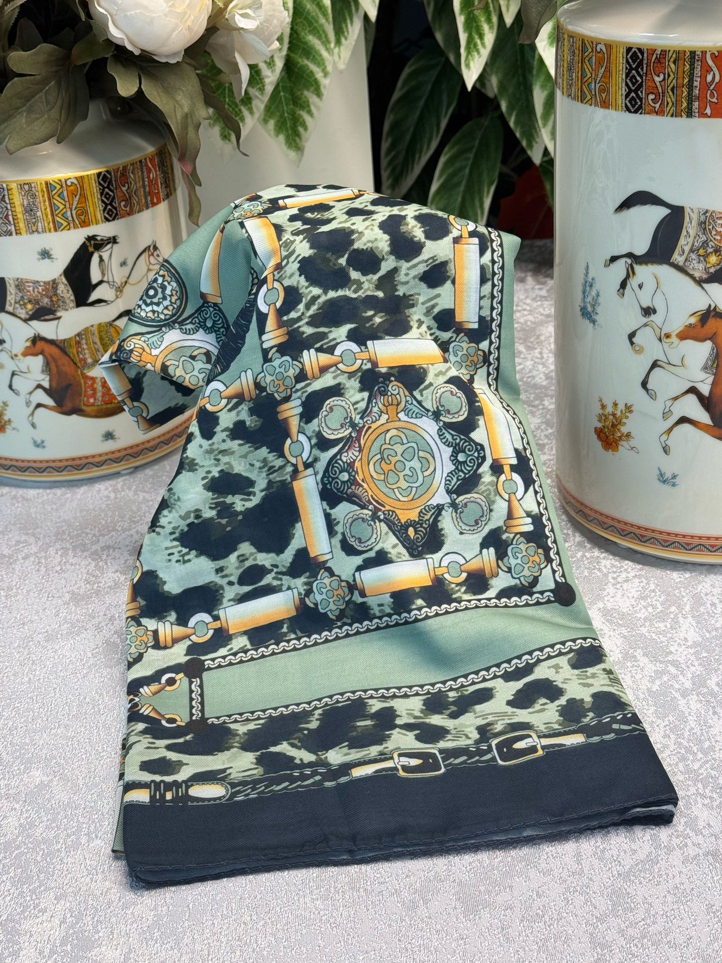 Hermes Leopar Pamuk Soft Şal 65329 - Mint