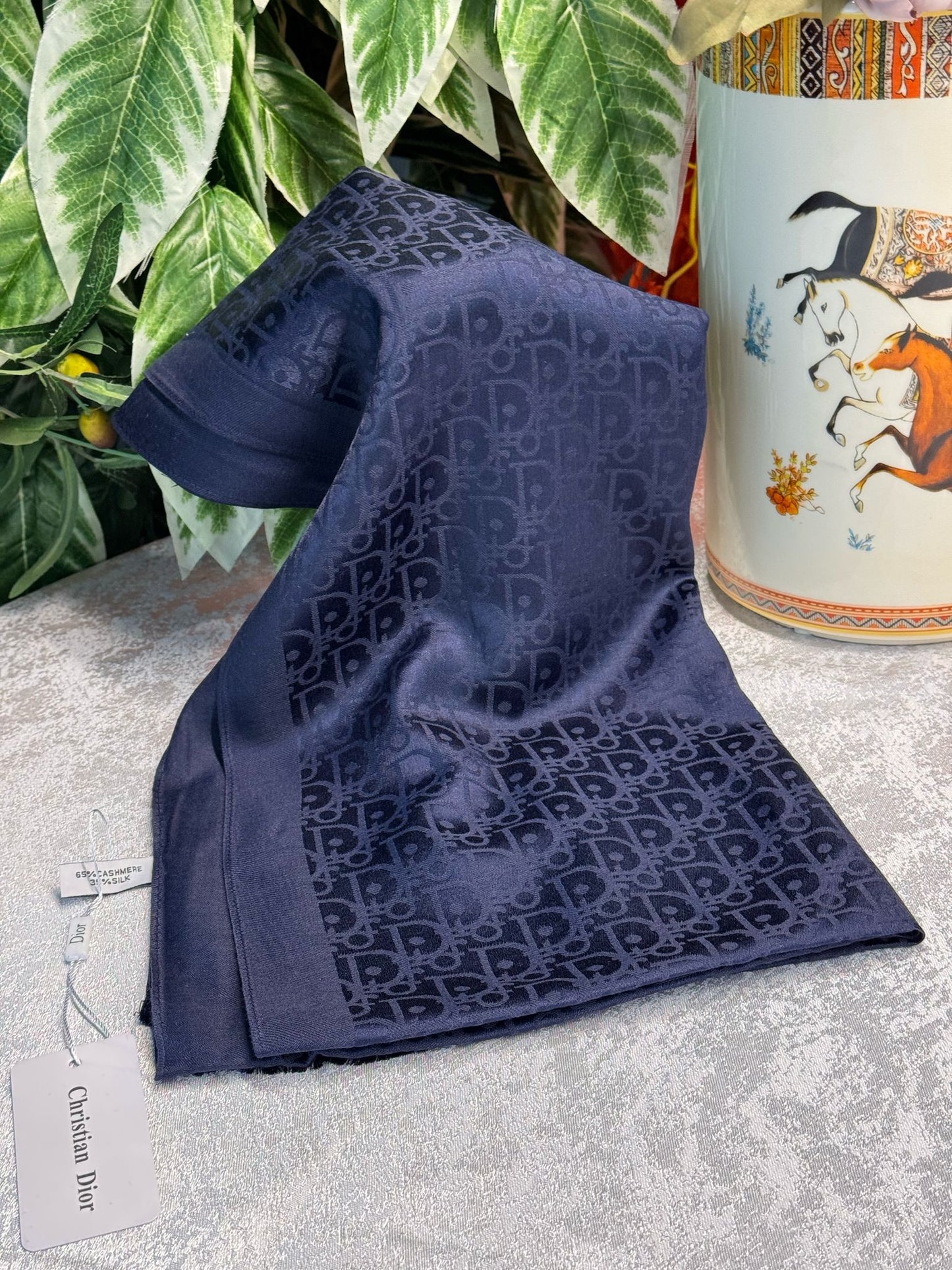 İthal Dior Pamuk Yün İpek Şal 49103 - Lacivert