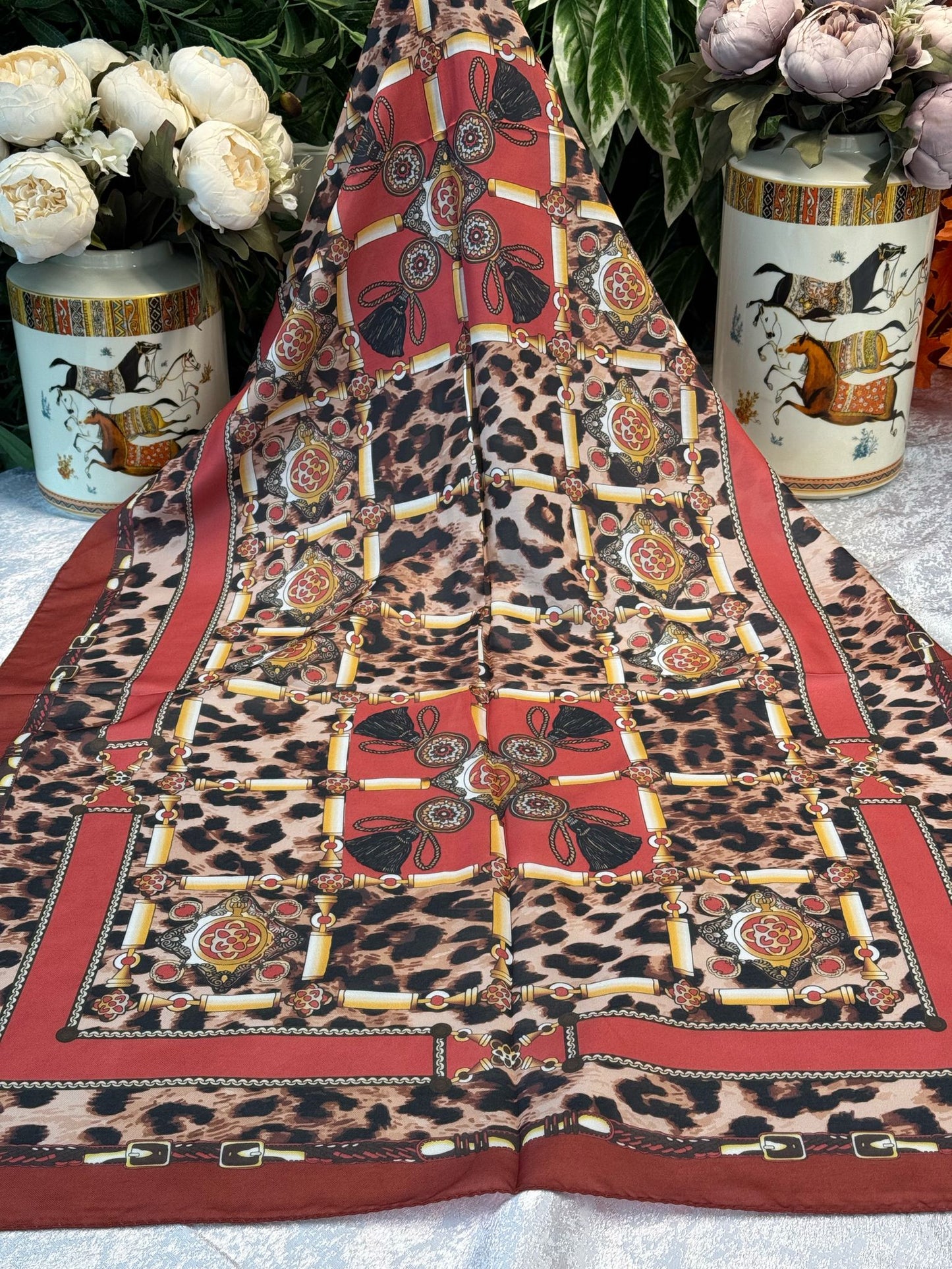 Hermes Leopar Pamuk Soft Şal 65329 - Bordo